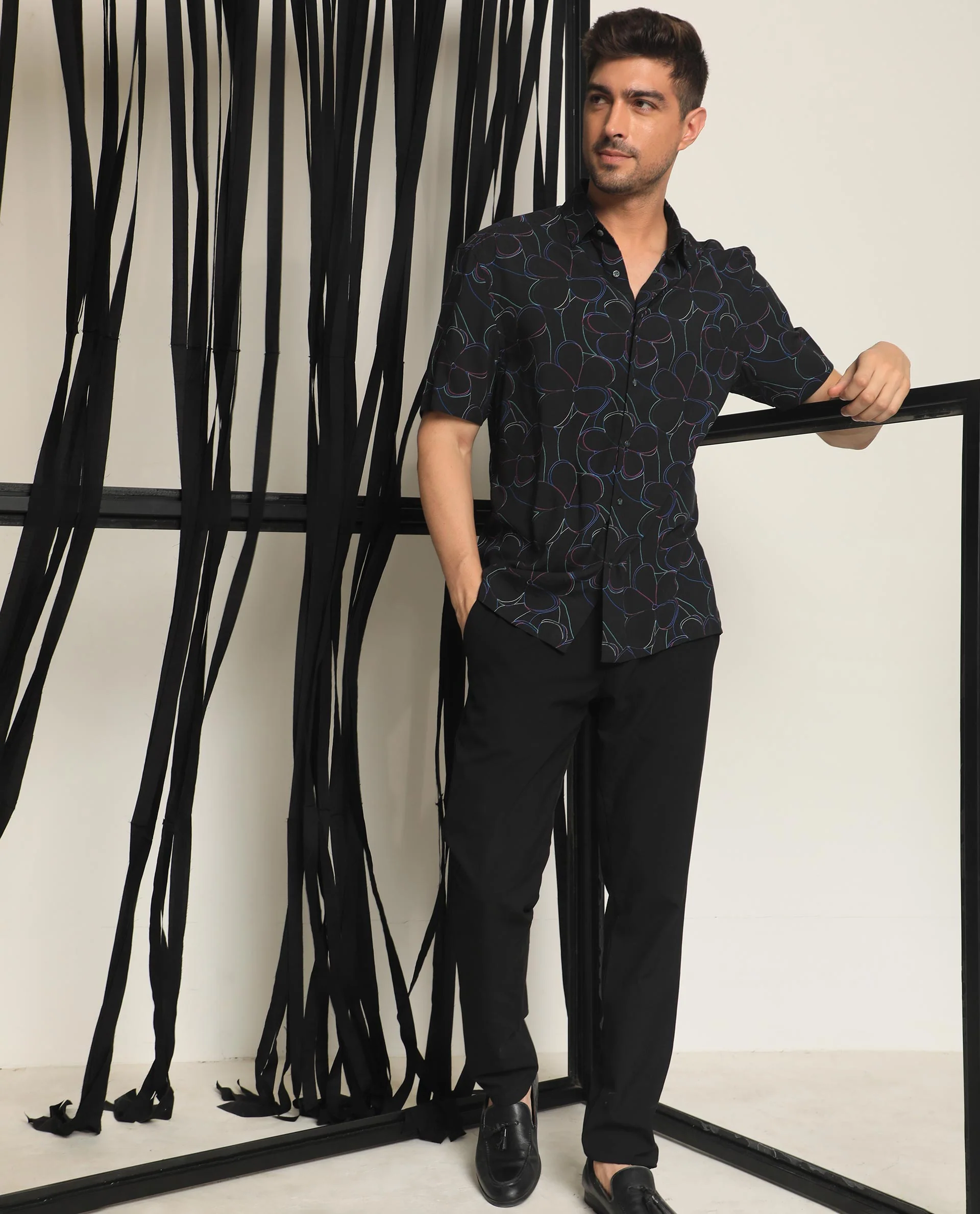 Rare Rabbit Men's Kris Black Floral Print Regular Fit Half Sleeve Collared Shirt - Image 7