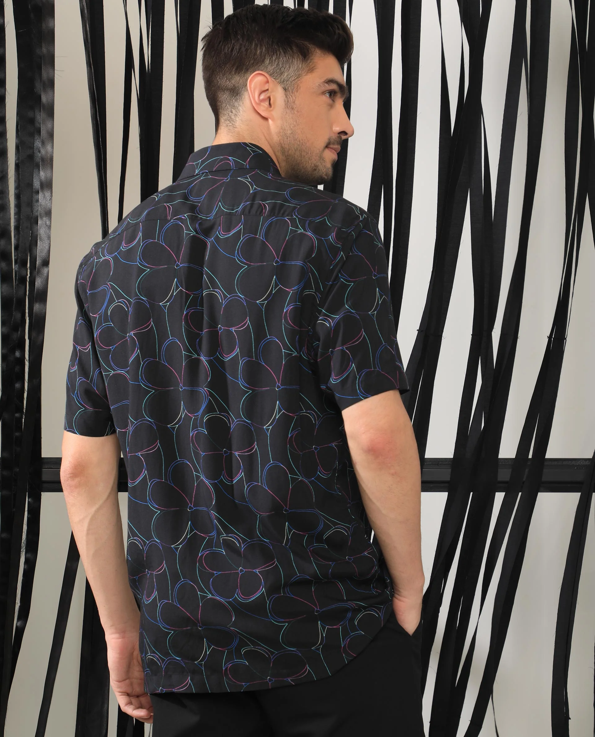 Rare Rabbit Men's Kris Black Floral Print Regular Fit Half Sleeve Collared Shirt - Image 8