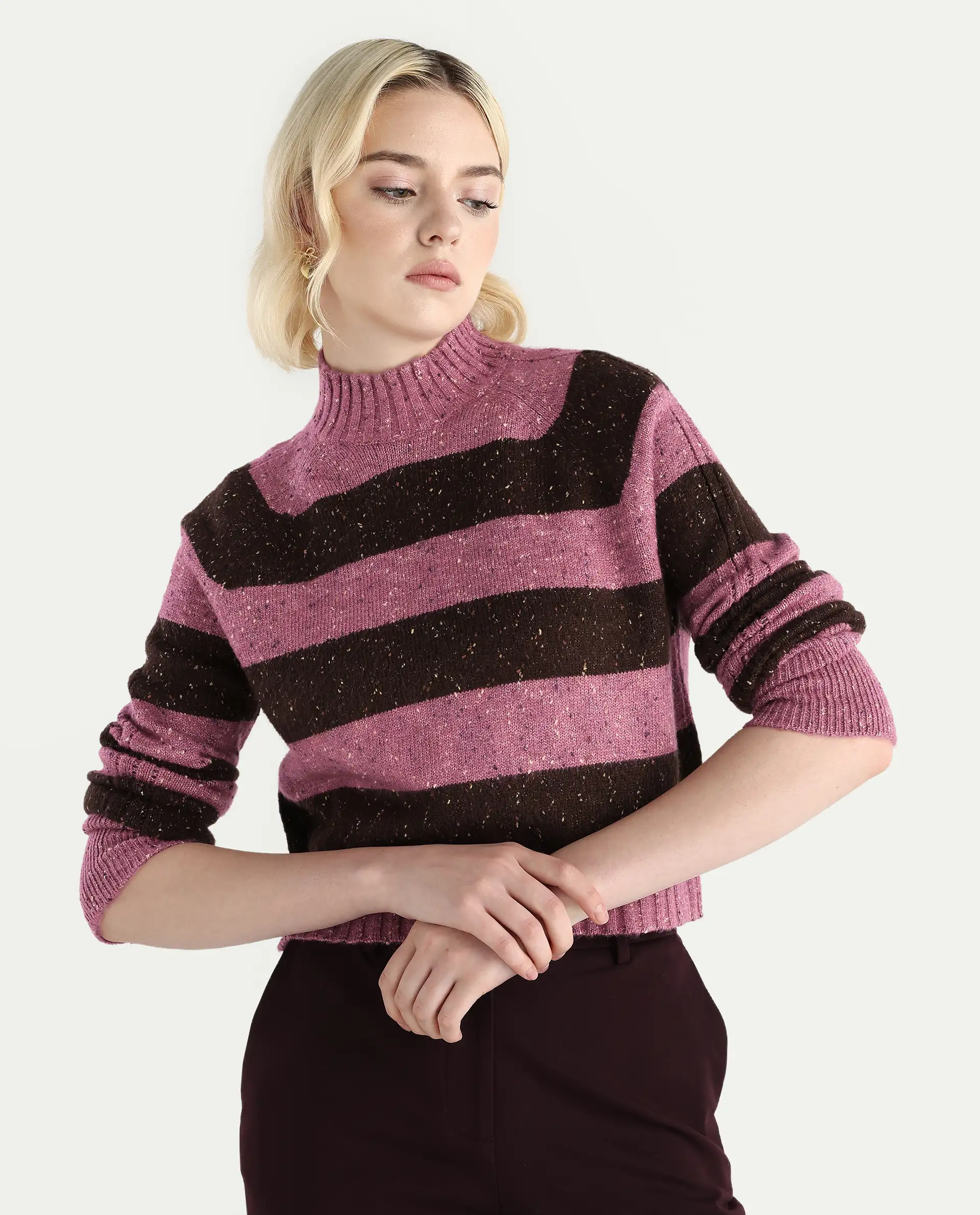 Rareism Women's Kris Dark Brown Acrylic Blend High Neck Relaxed Fit Sweater