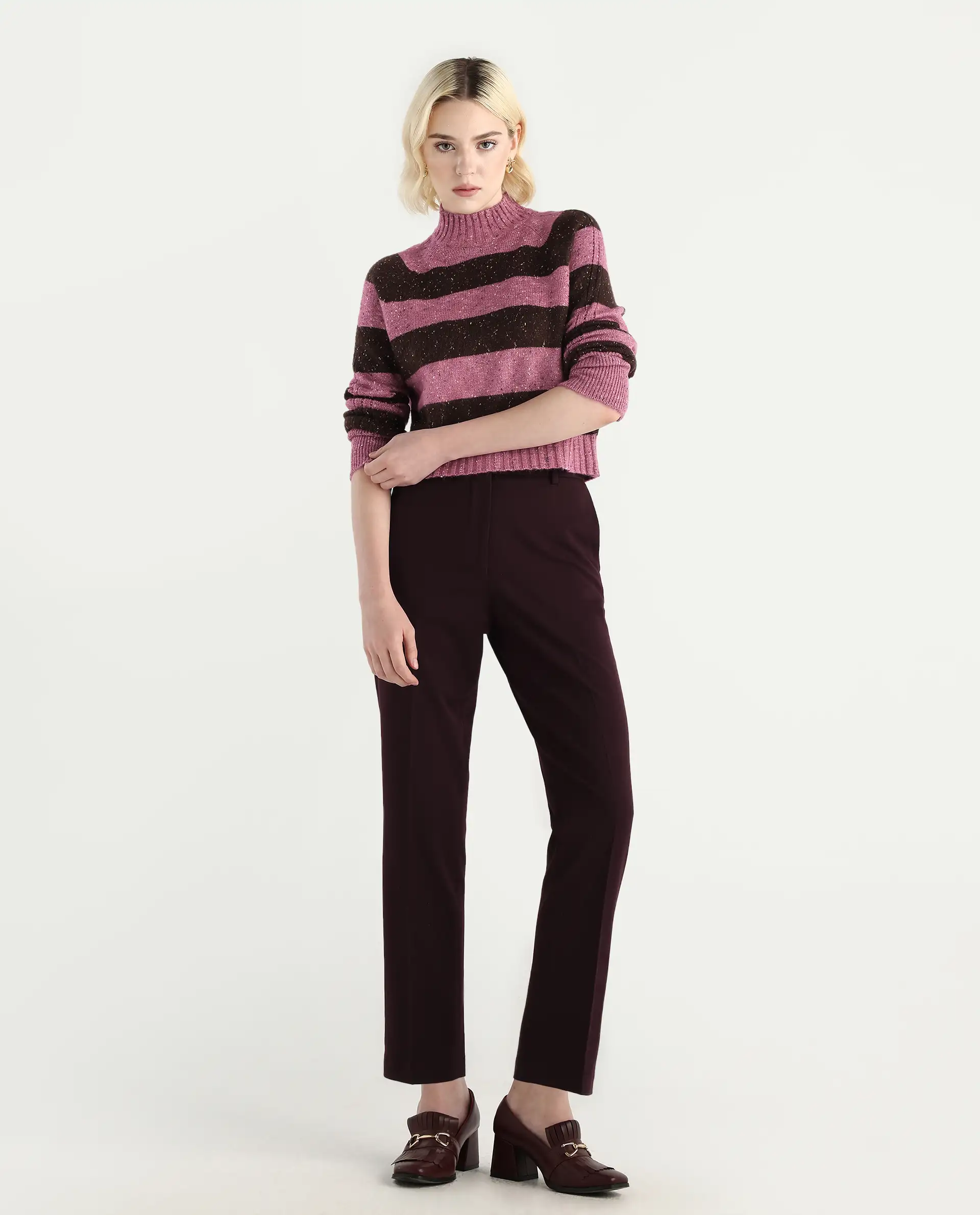 Rareism Women's Kris Dark Brown Acrylic Blend High Neck Relaxed Fit Sweater - Image 2