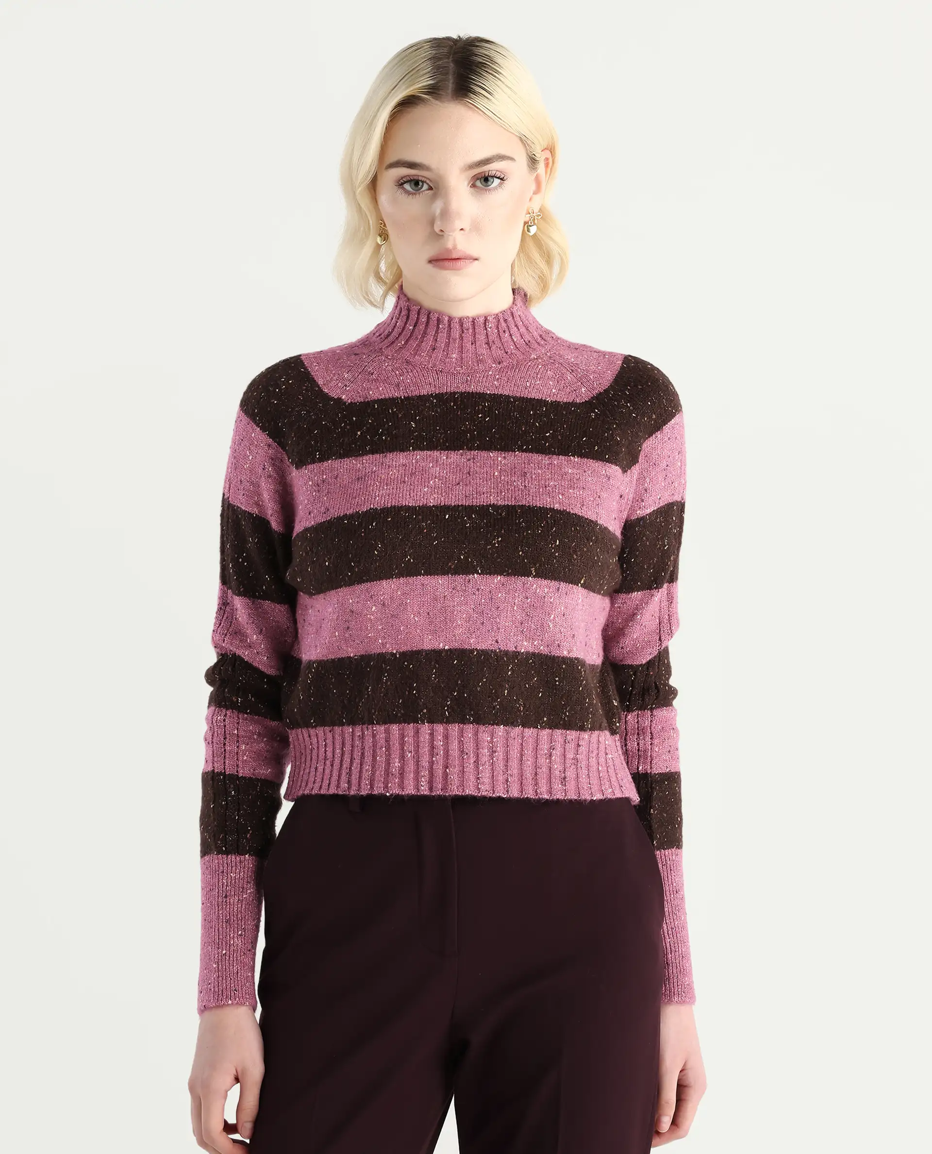 Rareism Women's Kris Dark Brown Acrylic Blend High Neck Relaxed Fit Sweater - Image 3