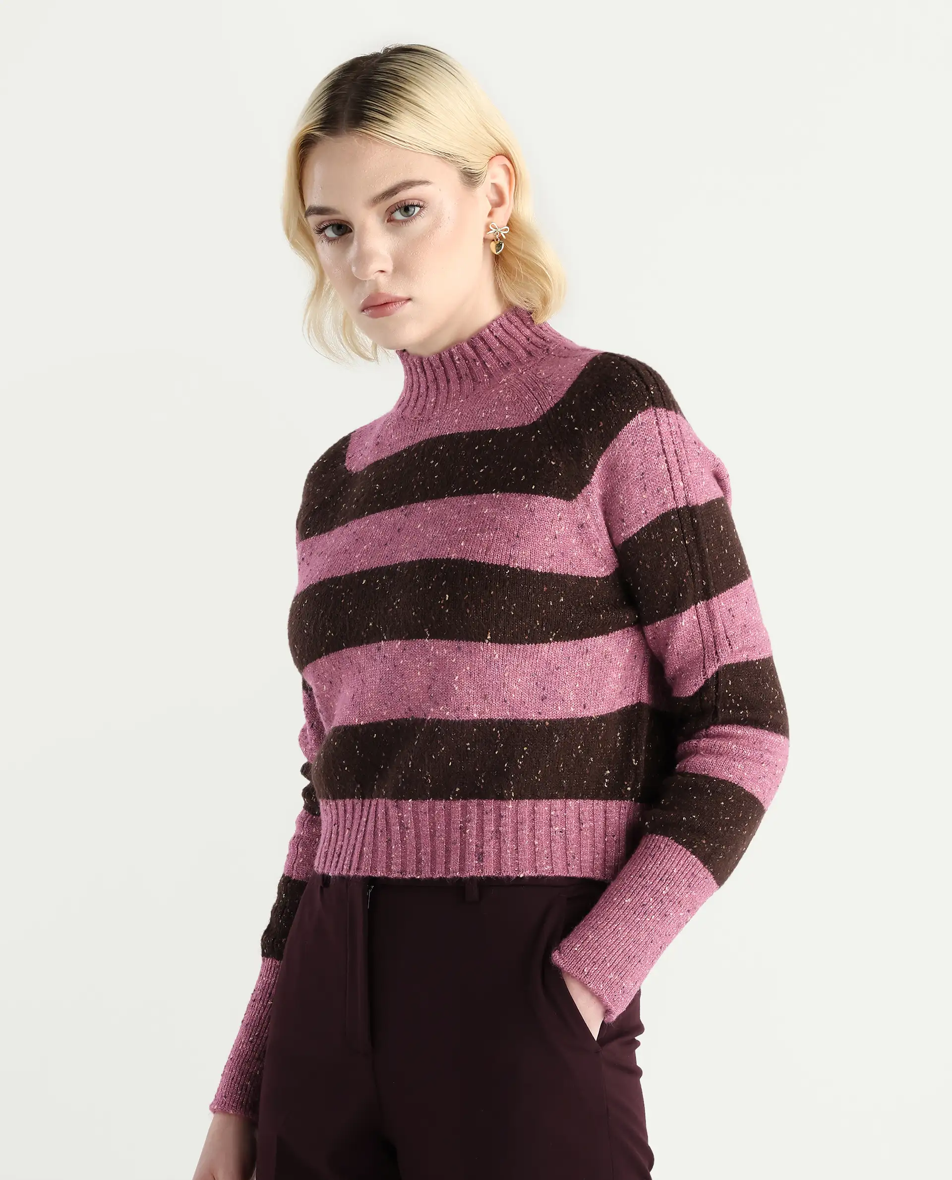 Rareism Women's Kris Dark Brown Acrylic Blend High Neck Relaxed Fit Sweater - Image 5