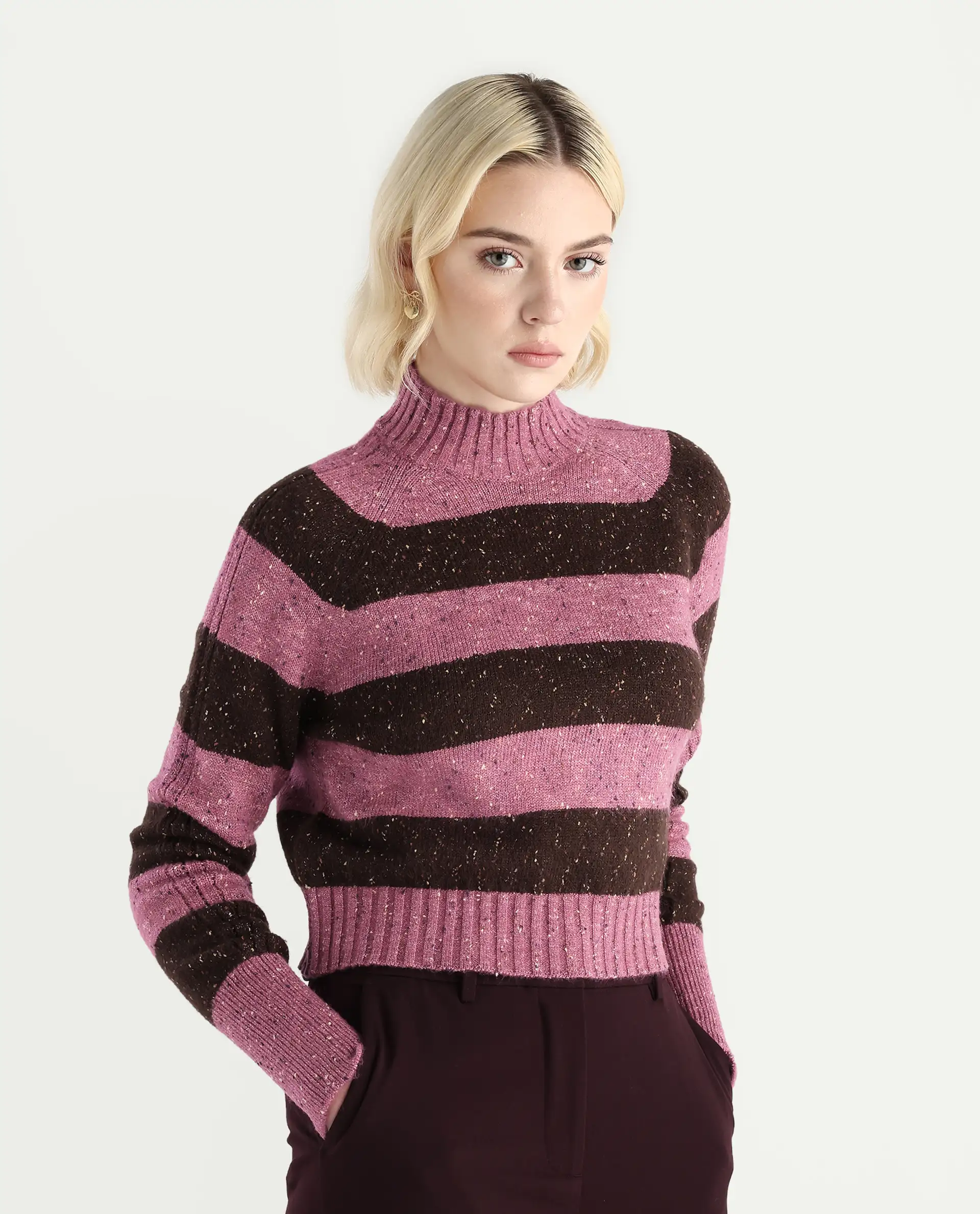 Rareism Women's Kris Dark Brown Acrylic Blend High Neck Relaxed Fit Sweater - Image 6