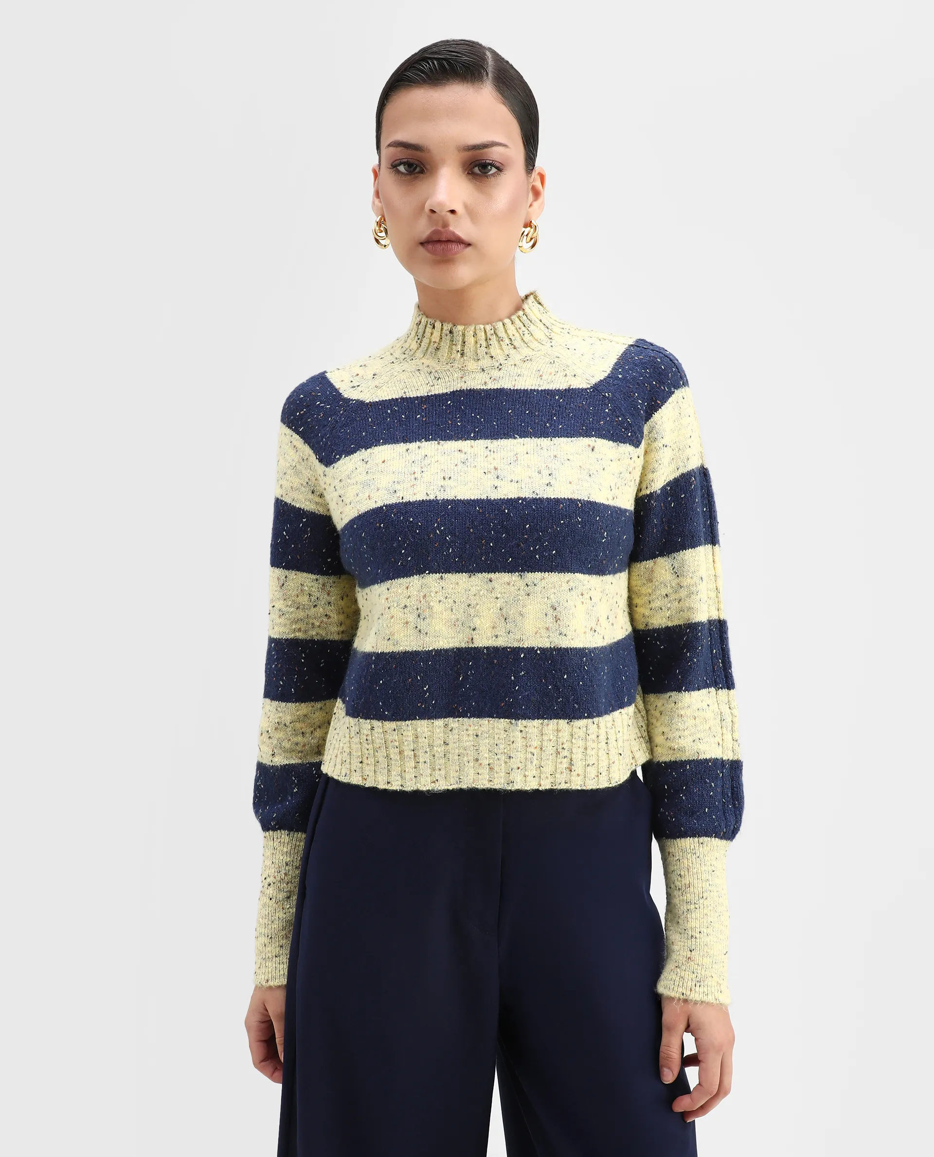 Rareism Women's Kris Light Yellow Acrylic Blend High Neck Striped Relaxed Fit Sweater - Image 3