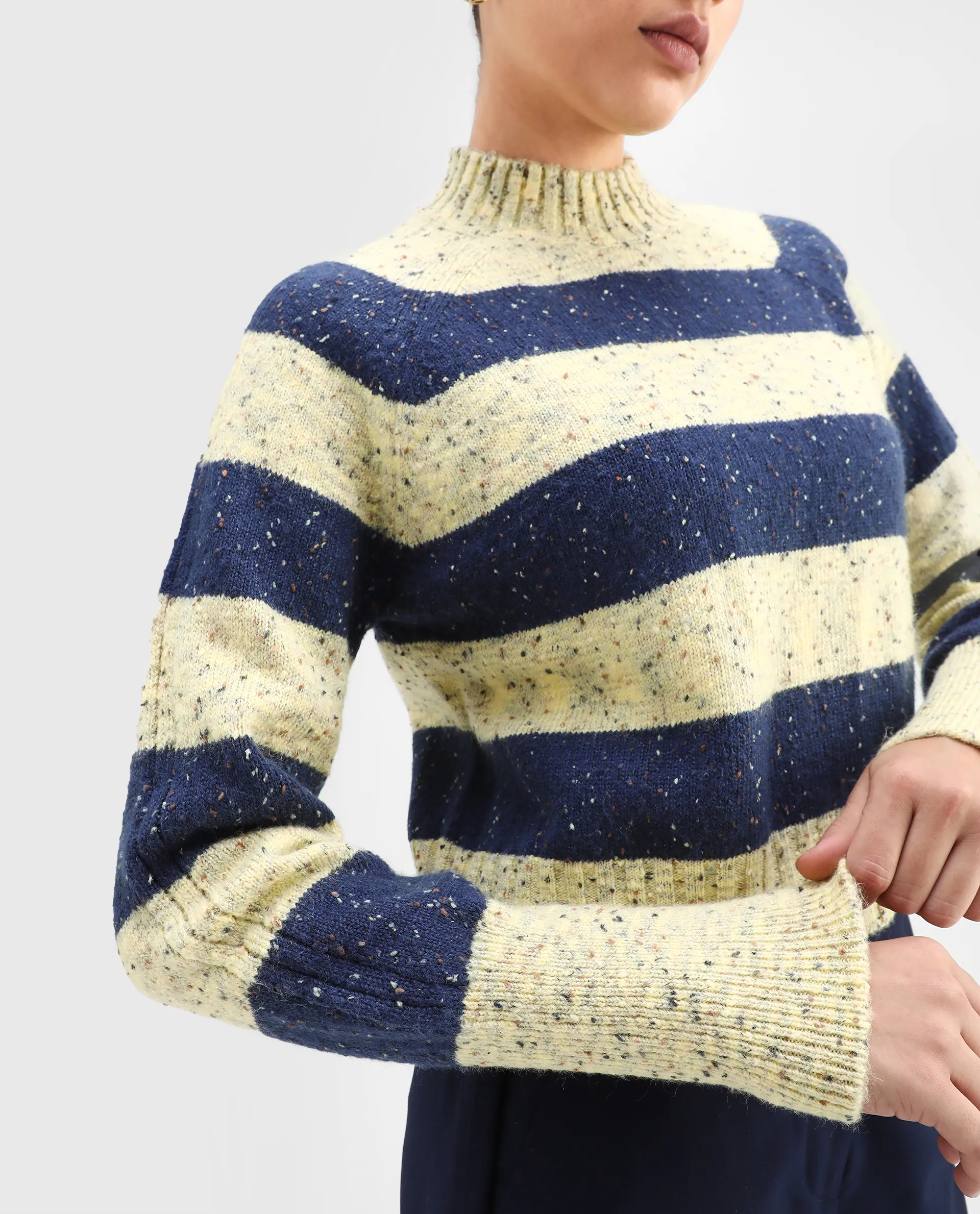 Rareism Women's Kris Light Yellow Acrylic Blend High Neck Striped Relaxed Fit Sweater - Image 4