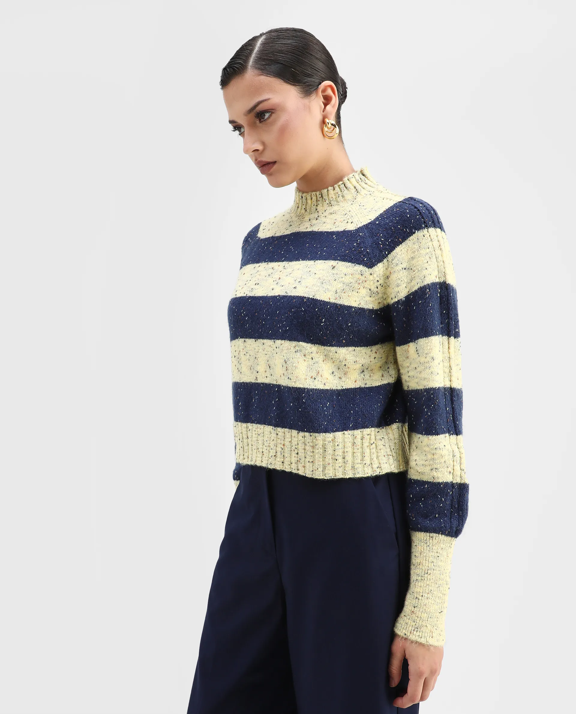 Rareism Women's Kris Light Yellow Acrylic Blend High Neck Striped Relaxed Fit Sweater - Image 5