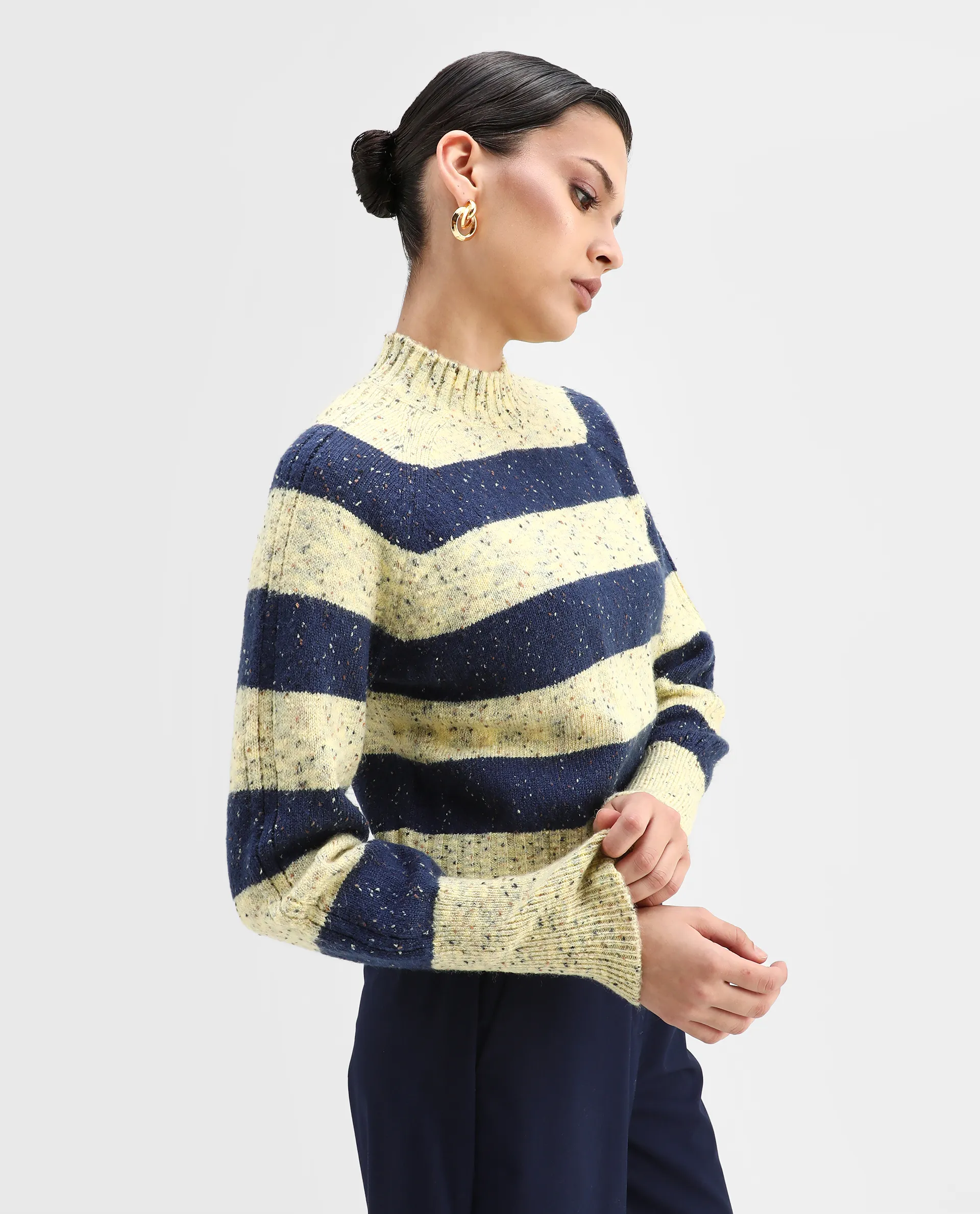 Rareism Women's Kris Light Yellow Acrylic Blend High Neck Striped Relaxed Fit Sweater - Image 6