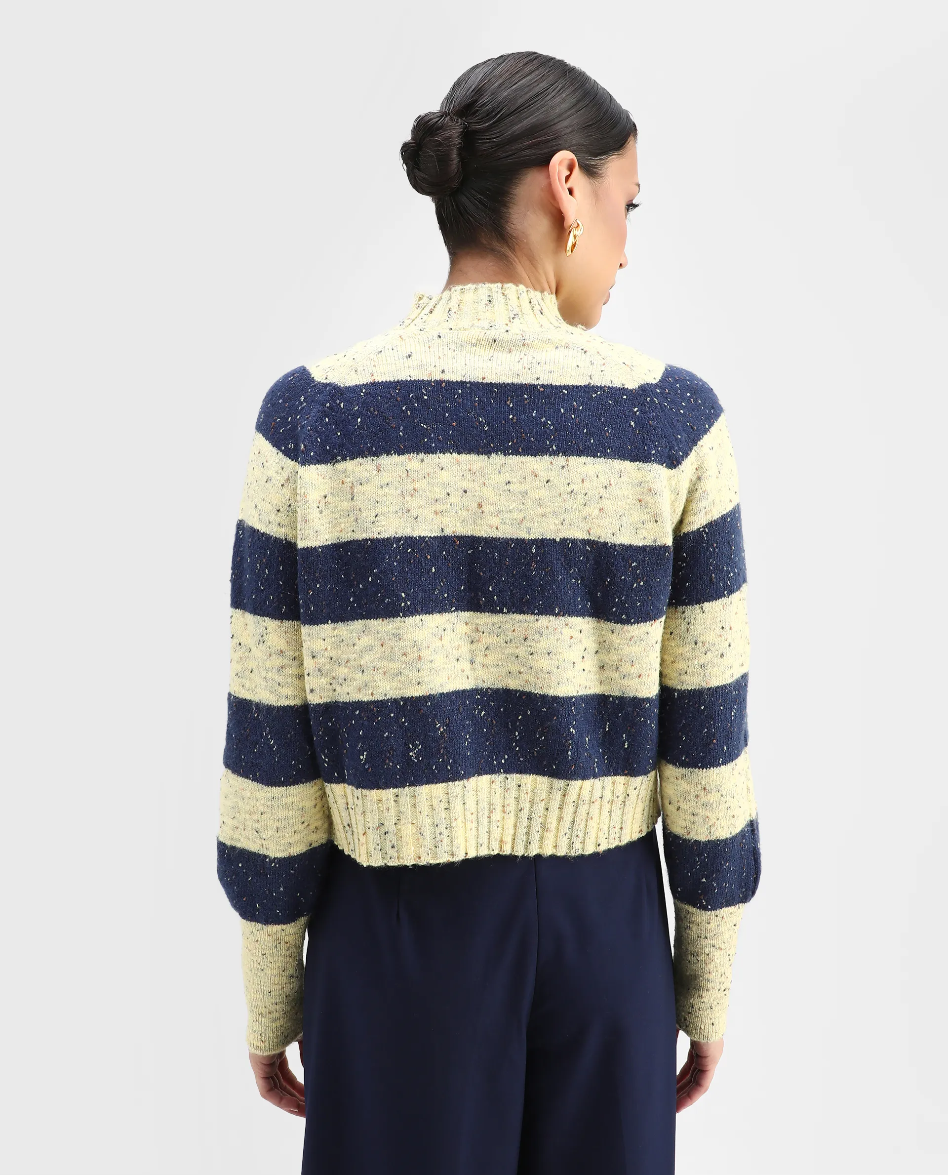 Rareism Women's Kris Light Yellow Acrylic Blend High Neck Striped Relaxed Fit Sweater - Image 7