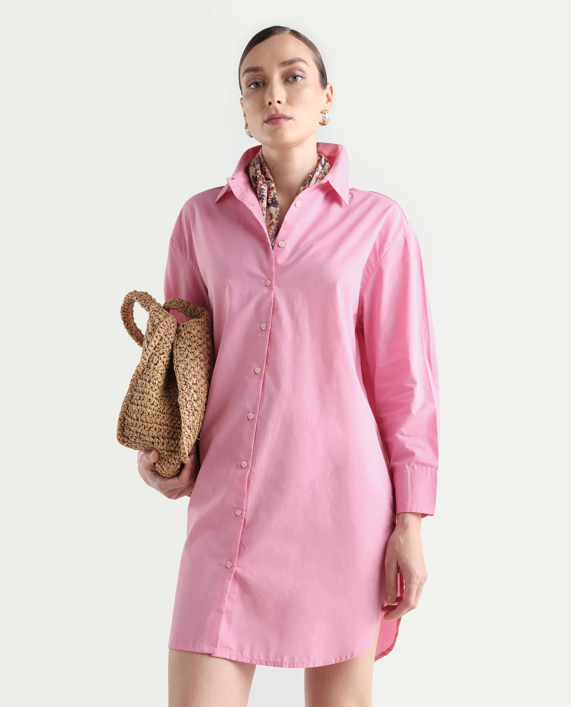 Rareism Women's Krism Light Pink Cotton Drop Collar Plain Cuffed Sleeve Mini Relaxed Fit Dress - Image 2