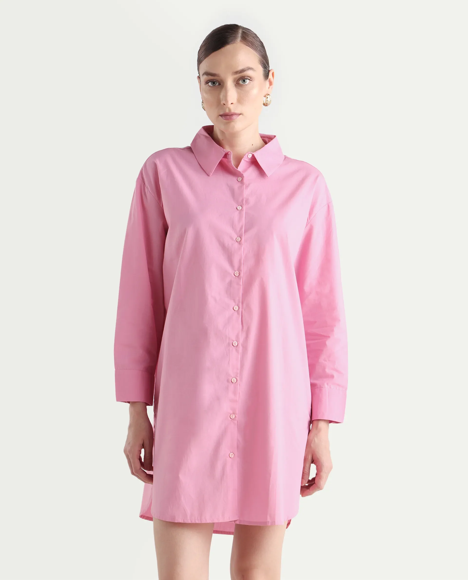 Rareism Women's Krism Light Pink Cotton Drop Collar Plain Cuffed Sleeve Mini Relaxed Fit Dress - Image 3