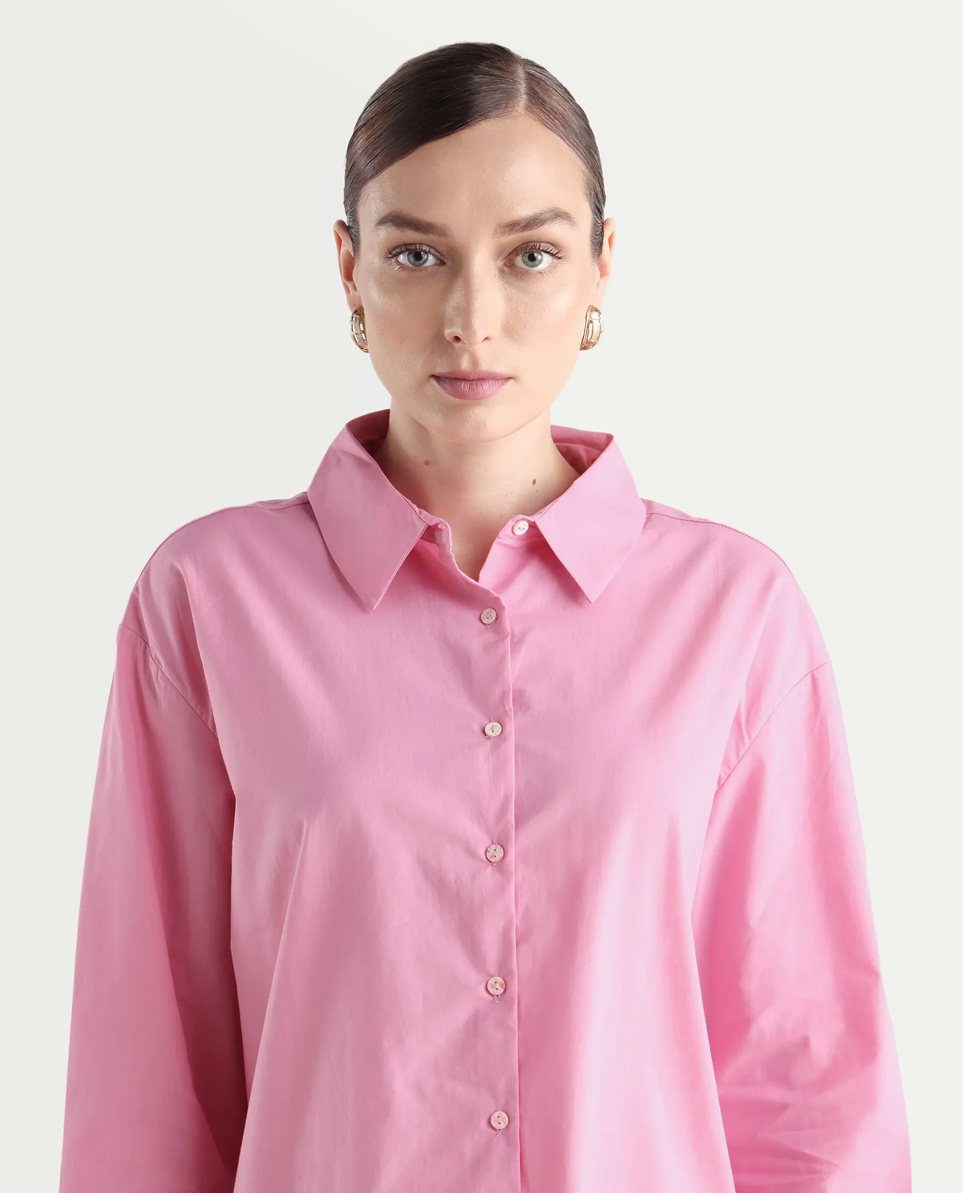 Rareism Women's Krism Light Pink Cotton Drop Collar Plain Cuffed Sleeve Mini Relaxed Fit Dress - Image 4