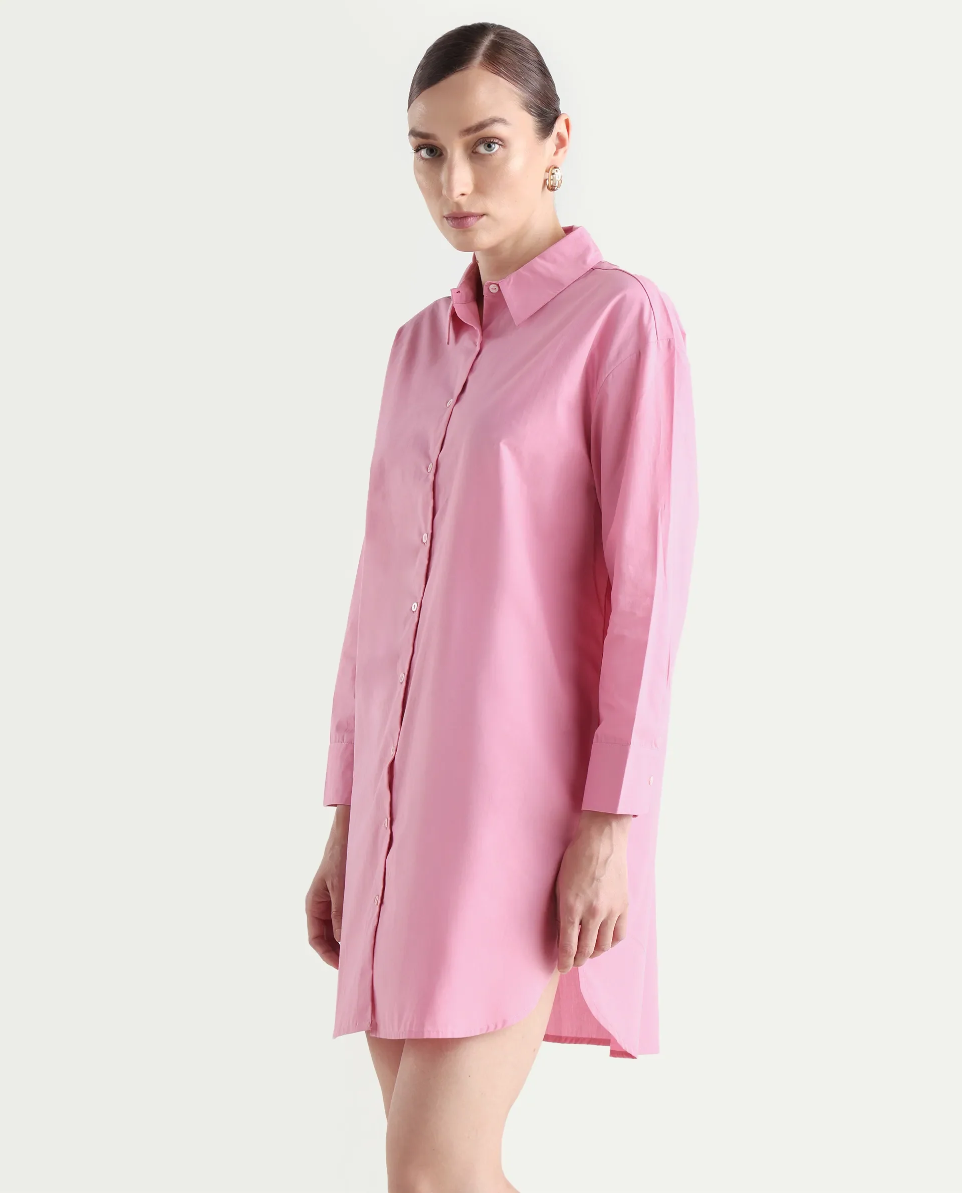 Rareism Women's Krism Light Pink Cotton Drop Collar Plain Cuffed Sleeve Mini Relaxed Fit Dress - Image 5