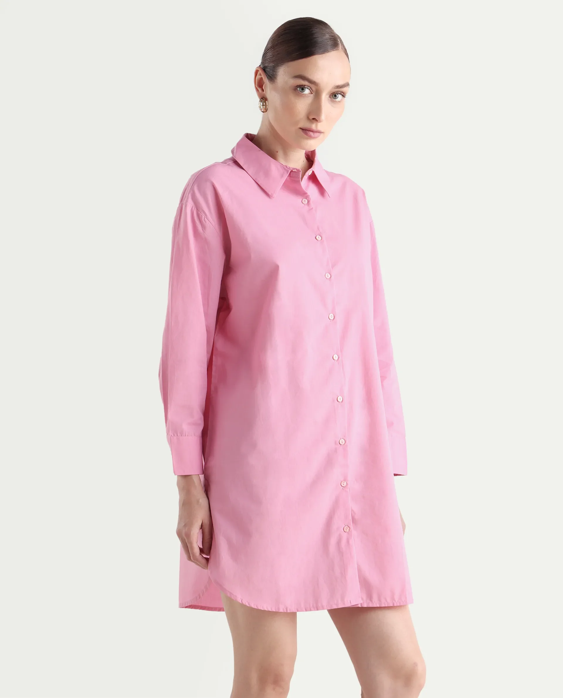 Rareism Women's Krism Light Pink Cotton Drop Collar Plain Cuffed Sleeve Mini Relaxed Fit Dress - Image 6