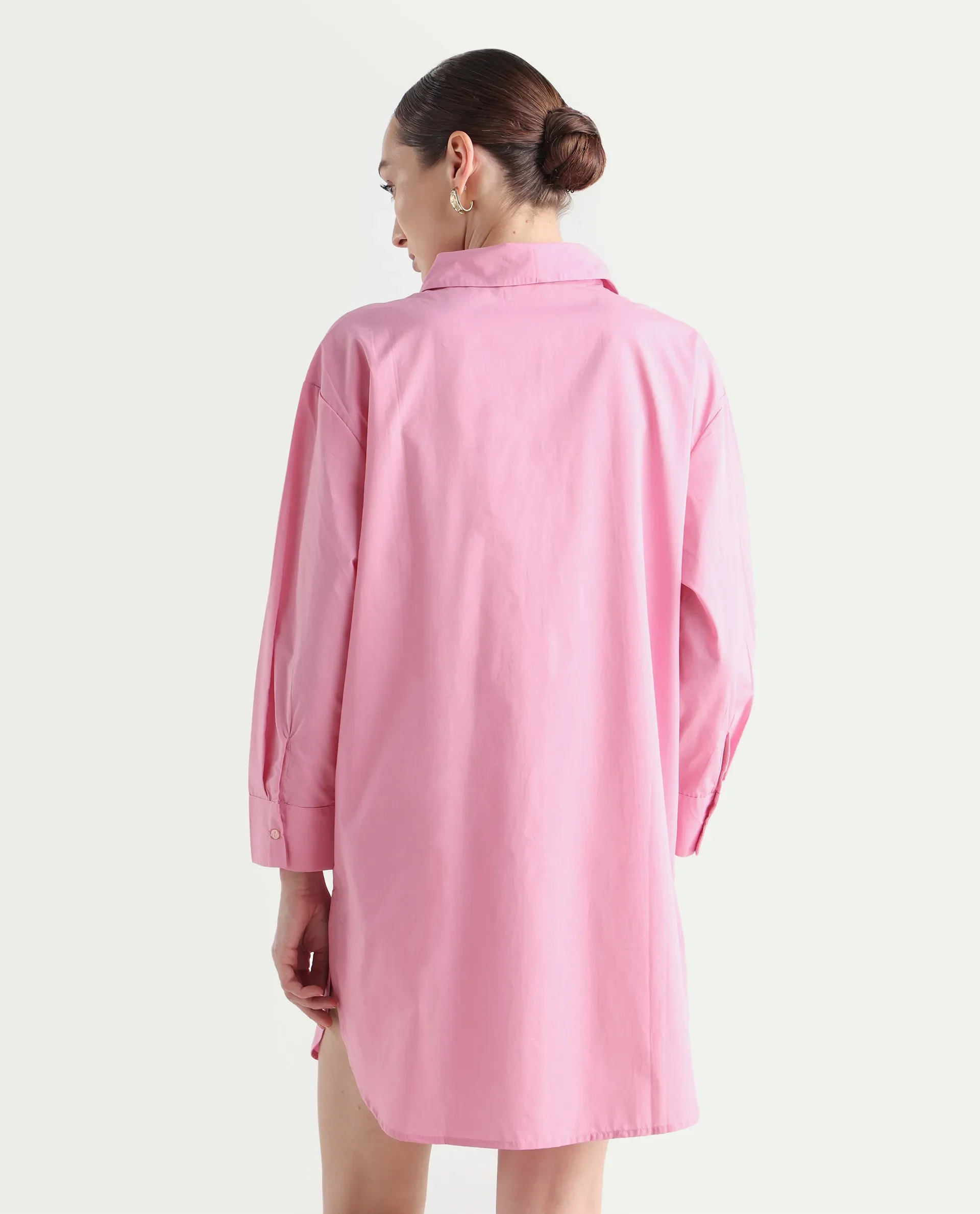 Rareism Women's Krism Light Pink Cotton Drop Collar Plain Cuffed Sleeve Mini Relaxed Fit Dress - Image 7