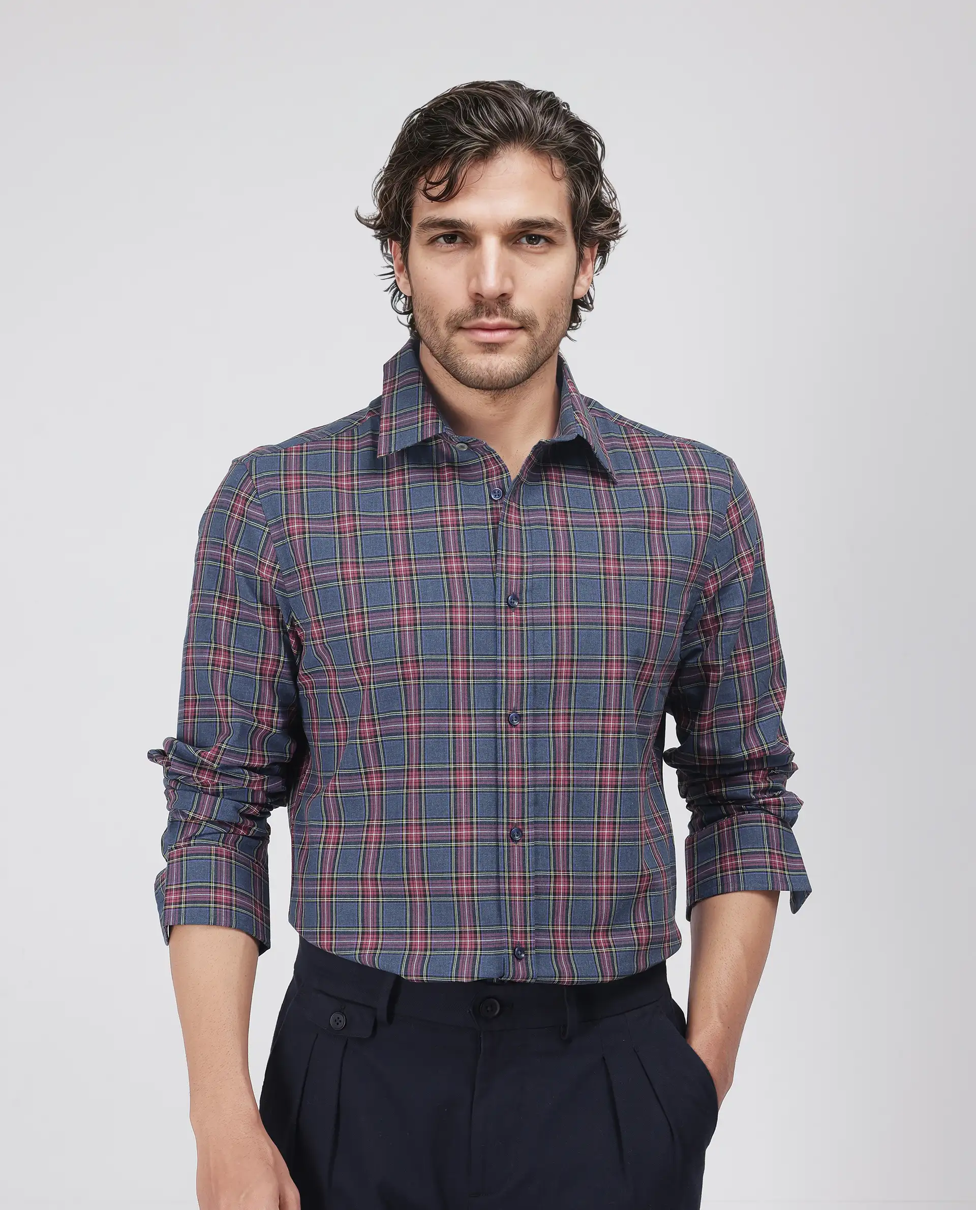 Rare Rabbit Men's Krob Dark Blue Cotton Checked Print Regular Fit Full Sleeve Collared Shirt - Image 2