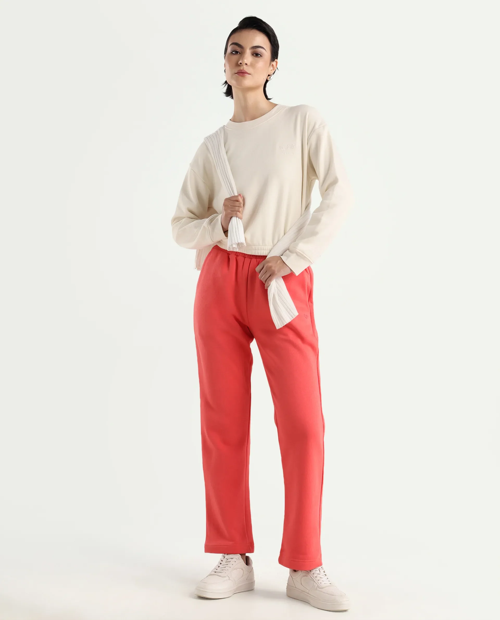 Rareism Women's Krok Beige Polyester Blend Crew Neck Embroidered Cuffed Sleeve Crop Regular Fit Sweatshirt - Image 2