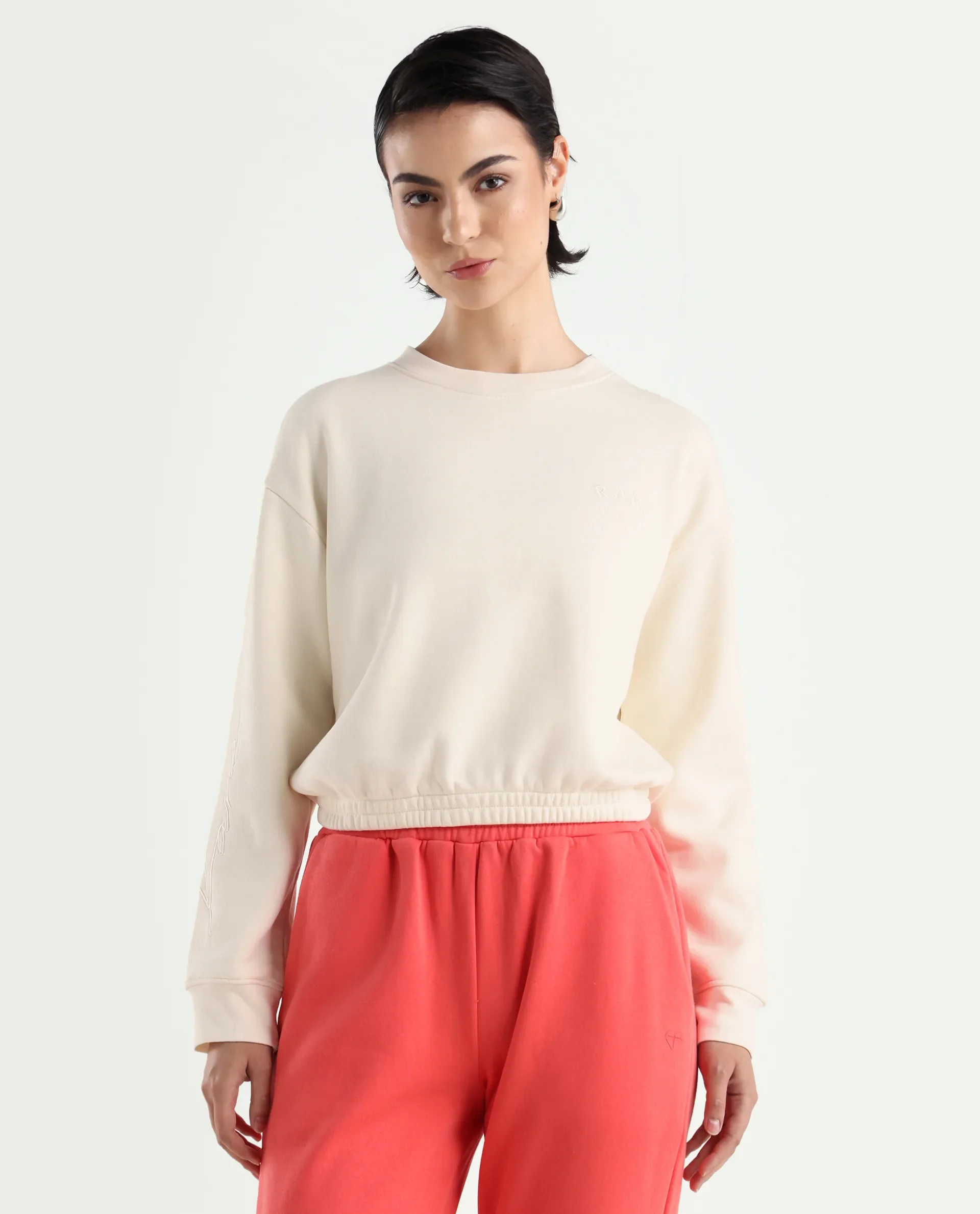 Rareism Women's Krok Beige Polyester Blend Crew Neck Embroidered Cuffed Sleeve Crop Regular Fit Sweatshirt - Image 3