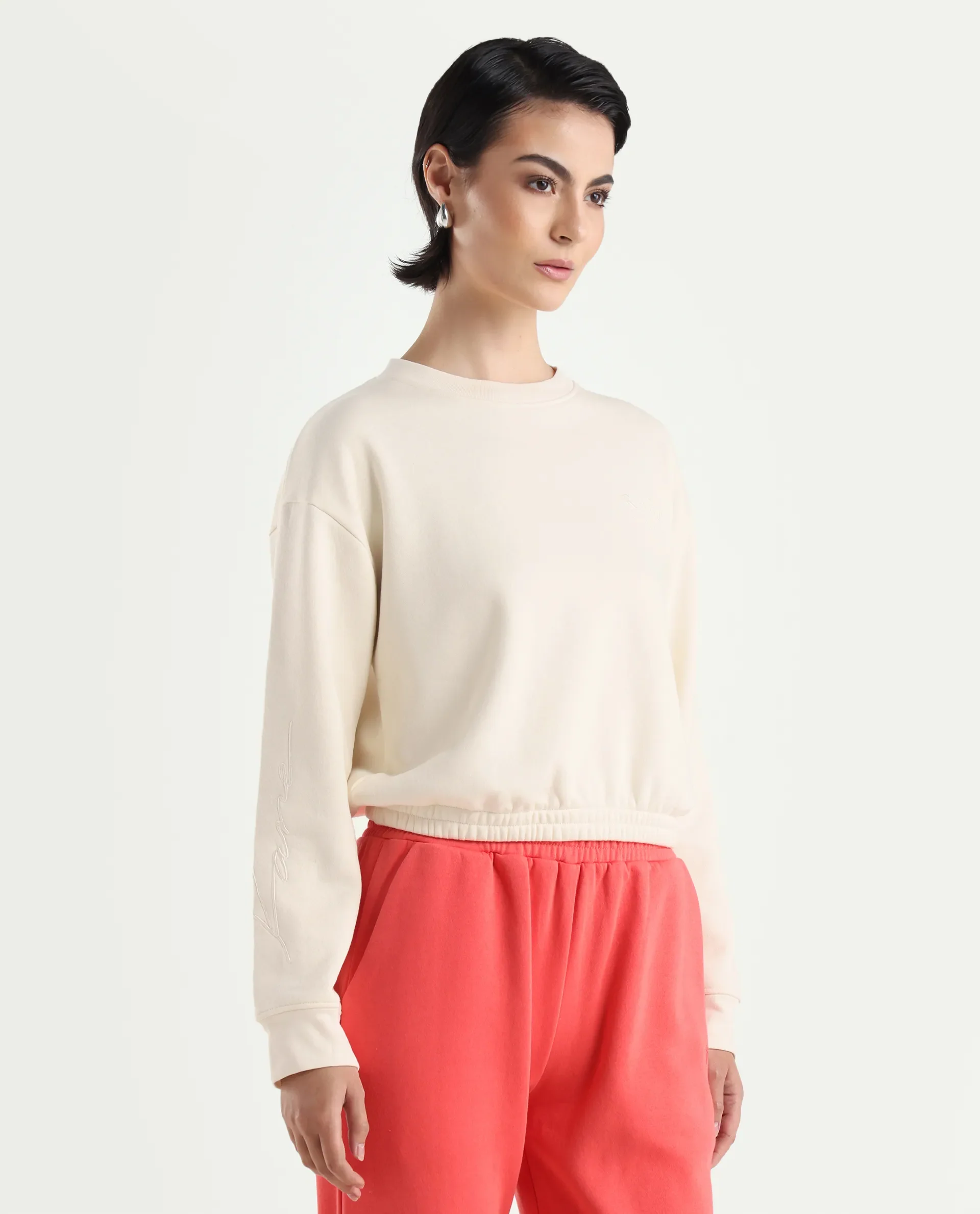 Rareism Women's Krok Beige Polyester Blend Crew Neck Embroidered Cuffed Sleeve Crop Regular Fit Sweatshirt - Image 4