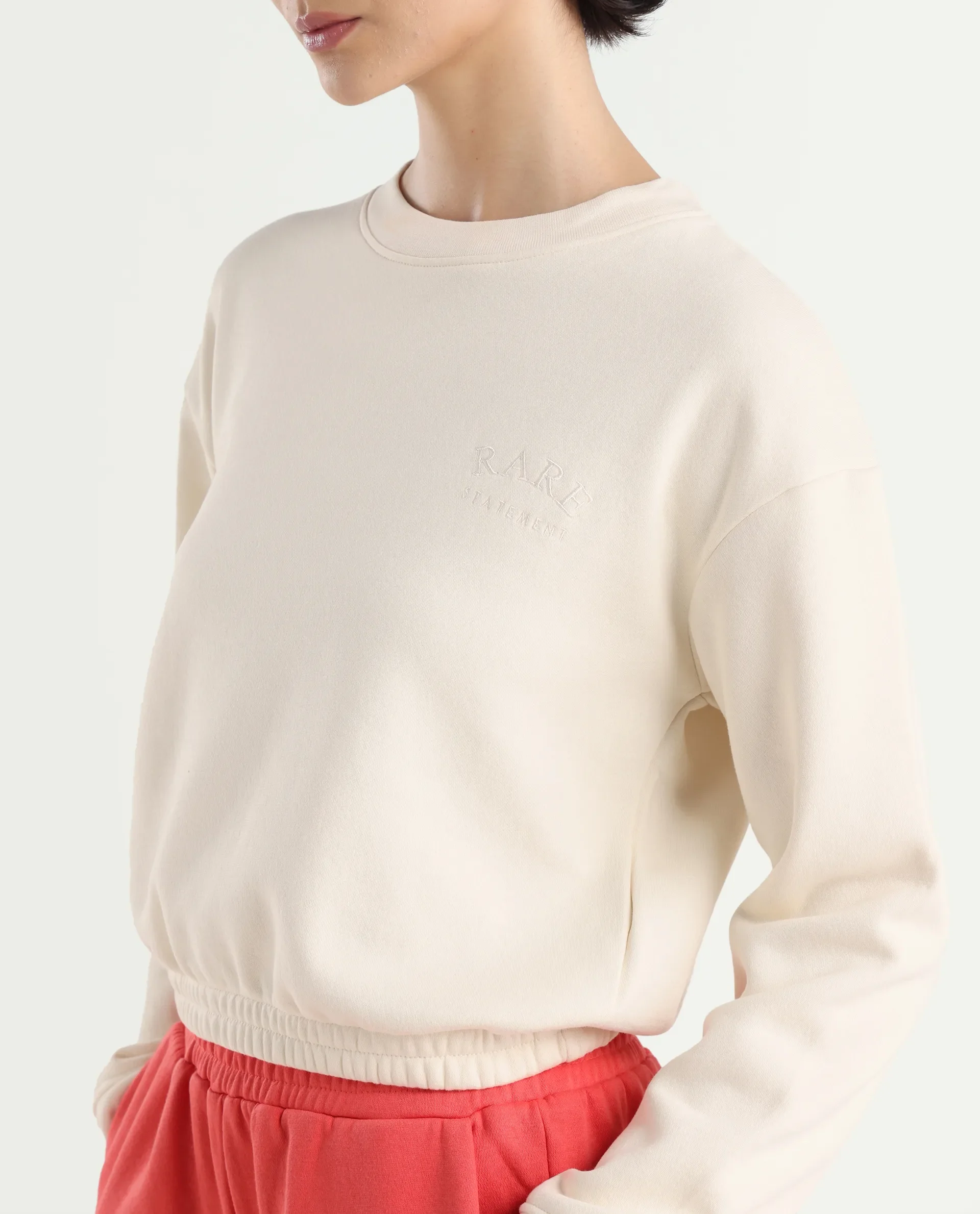Rareism Women's Krok Beige Polyester Blend Crew Neck Embroidered Cuffed Sleeve Crop Regular Fit Sweatshirt - Image 5