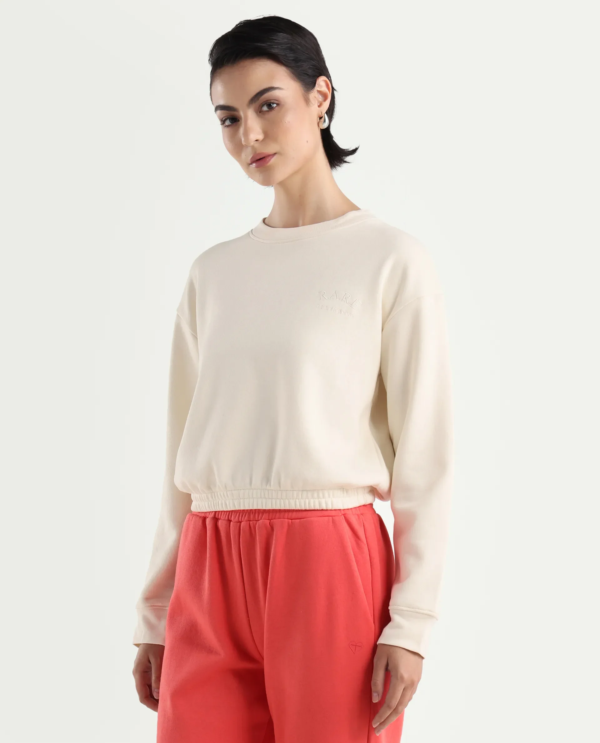 Rareism Women's Krok Beige Polyester Blend Crew Neck Embroidered Cuffed Sleeve Crop Regular Fit Sweatshirt - Image 6
