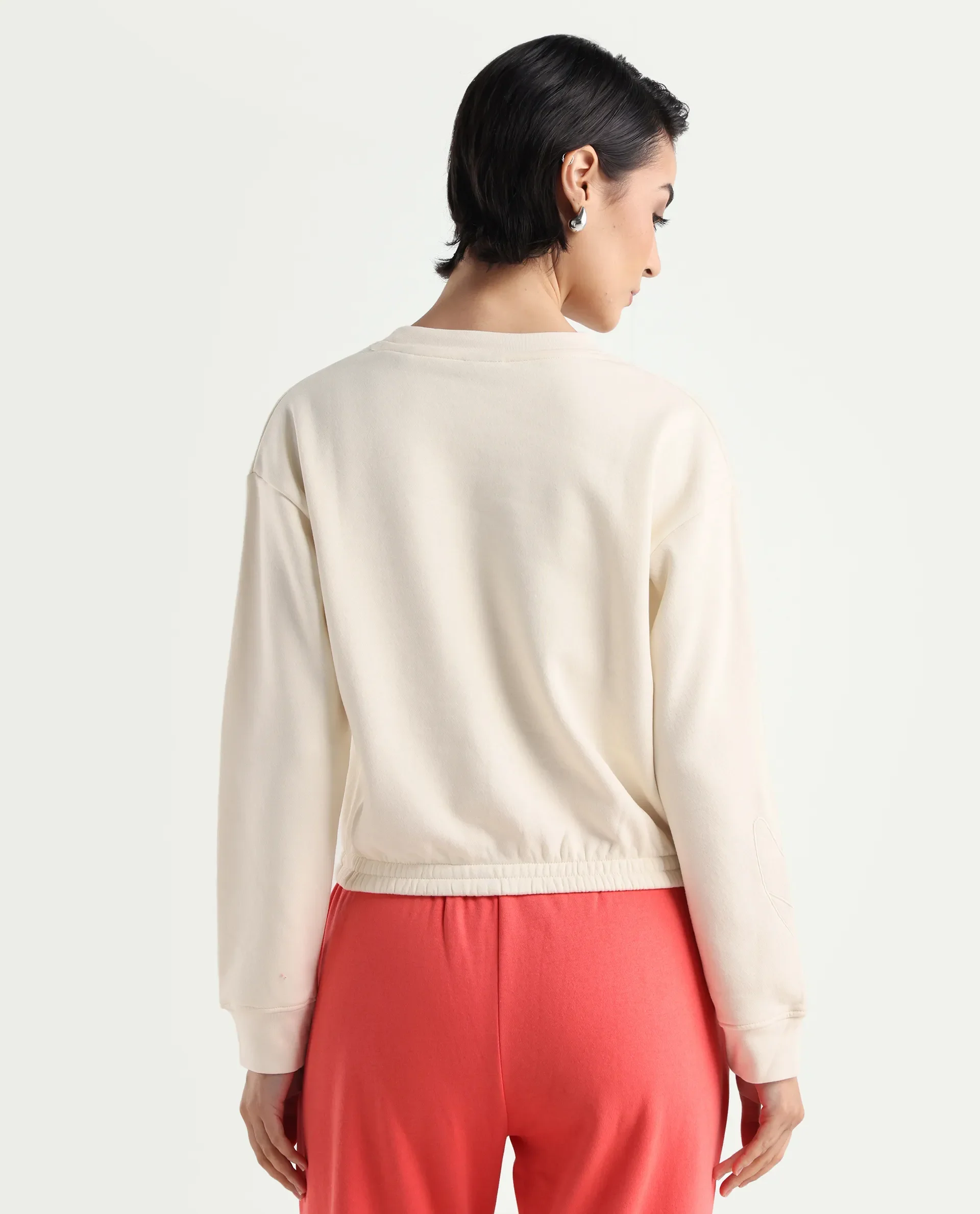 Rareism Women's Krok Beige Polyester Blend Crew Neck Embroidered Cuffed Sleeve Crop Regular Fit Sweatshirt - Image 7