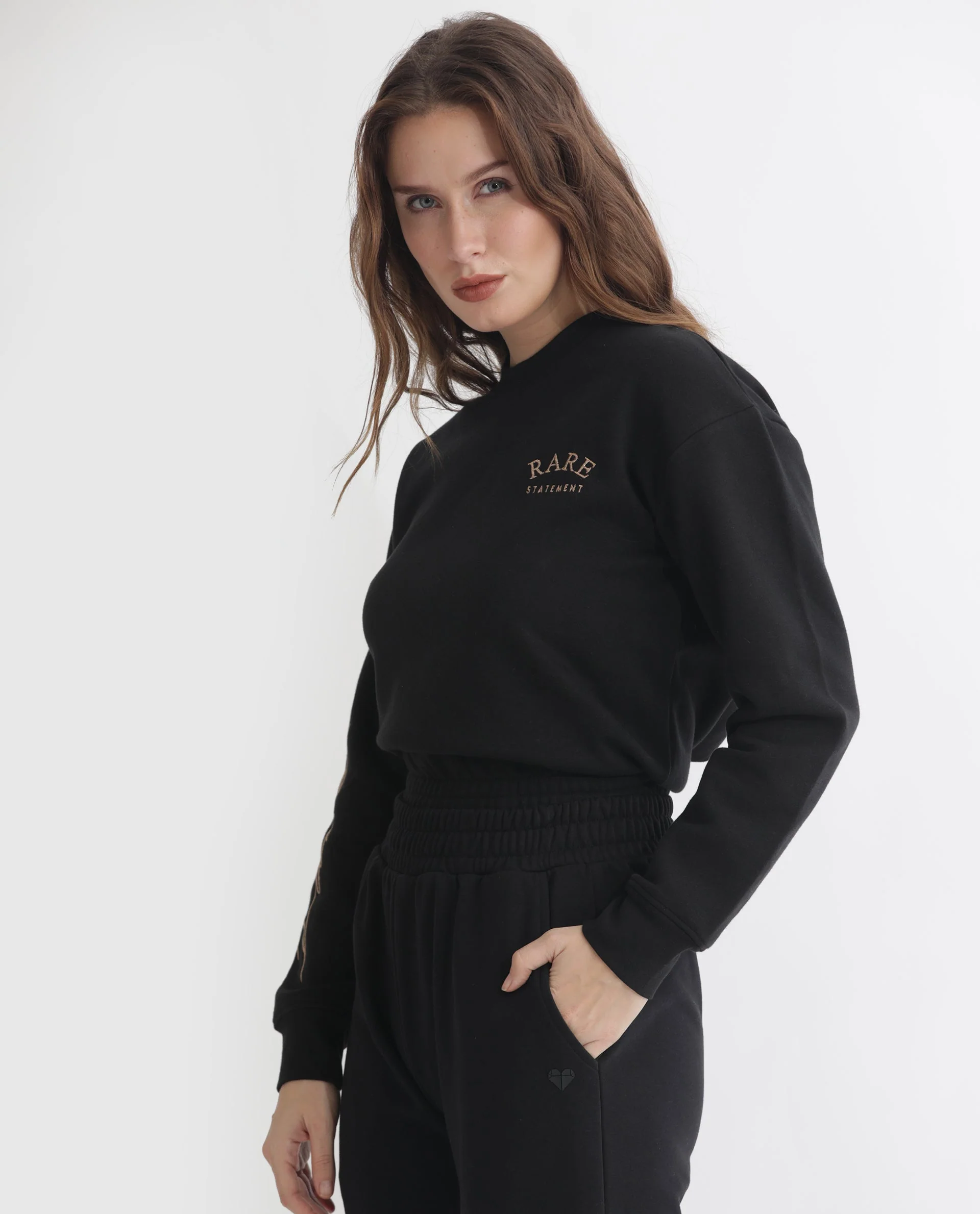 Rareism Women's Krok Black Polyester Blend Crew Neck Embroidered Cuffed Sleeve Crop Regular Fit Sweatshirt - Image 5
