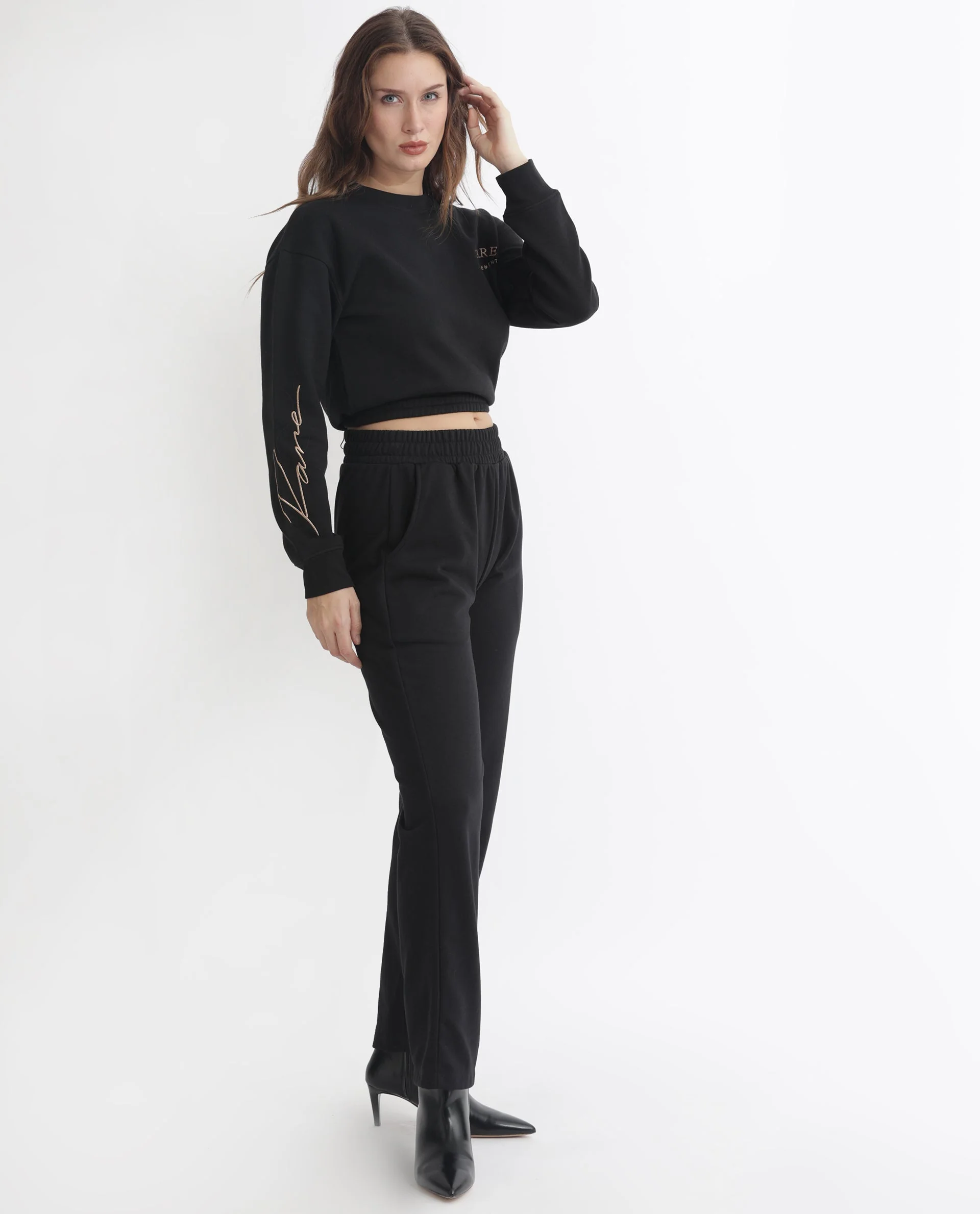 Rareism Women's Krok Black Polyester Blend Crew Neck Embroidered Cuffed Sleeve Crop Regular Fit Sweatshirt - Image 6