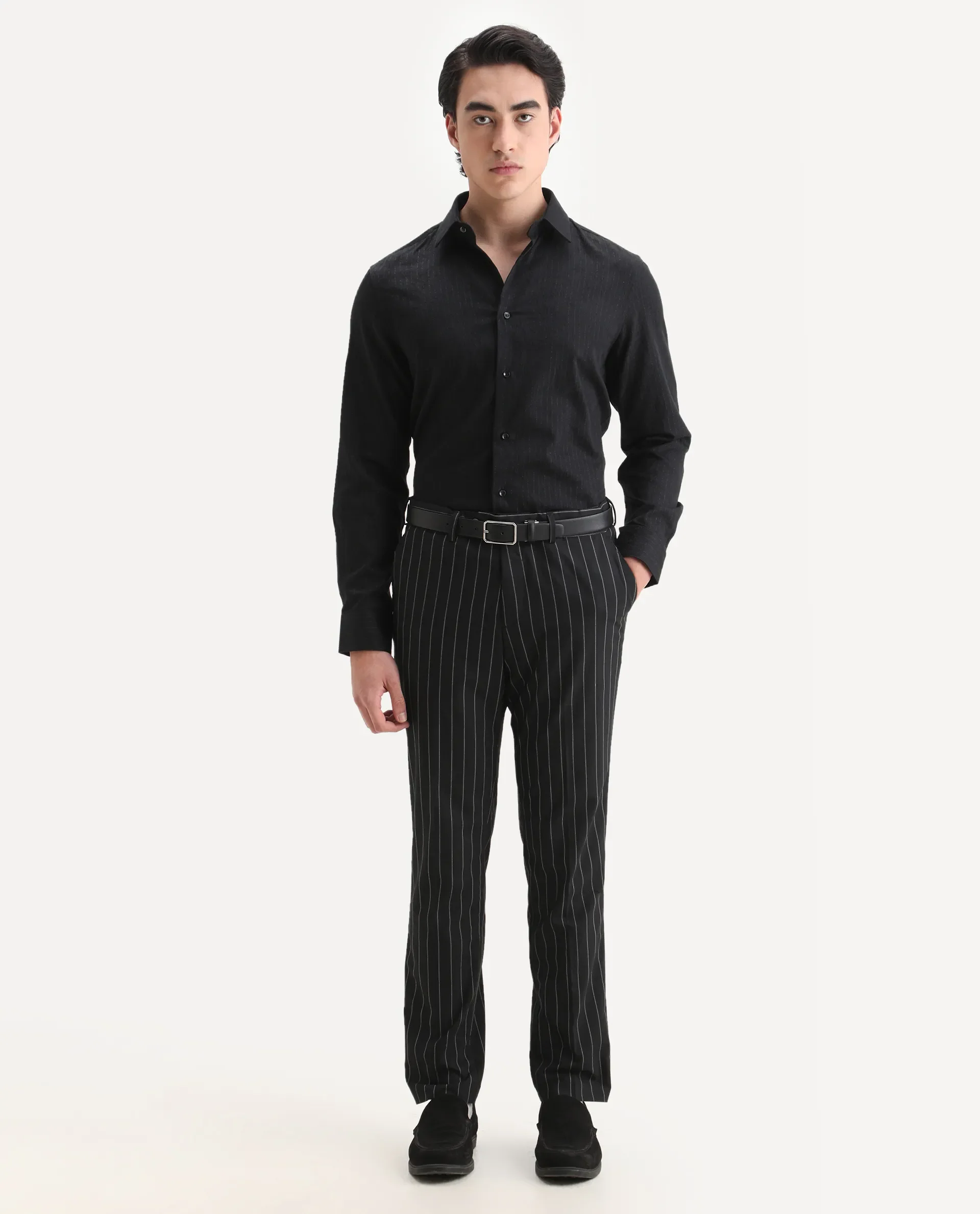 Rare Rabbit Men's Krud Black Cotton Blend Fabric Spread Collar Regular Fit Striped Shirt - Image 2