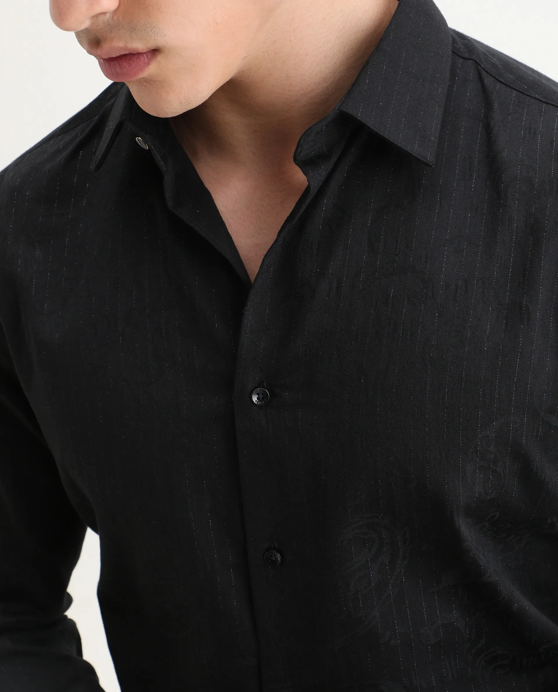 Rare Rabbit Men's Krud Black Cotton Blend Fabric Spread Collar Regular Fit Striped Shirt - Image 3