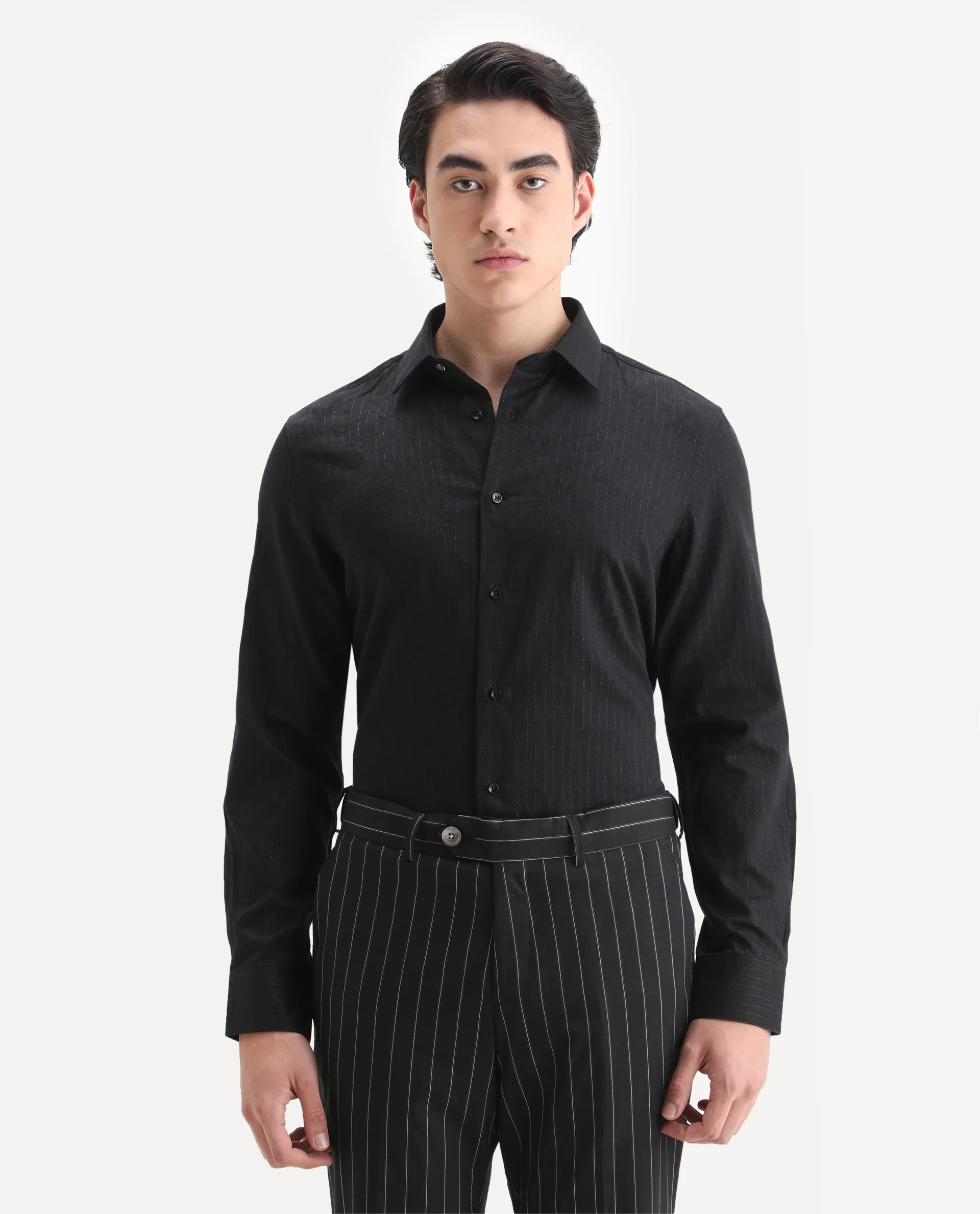 Rare Rabbit Men's Krud Black Cotton Blend Fabric Spread Collar Regular Fit Striped Shirt - Image 4