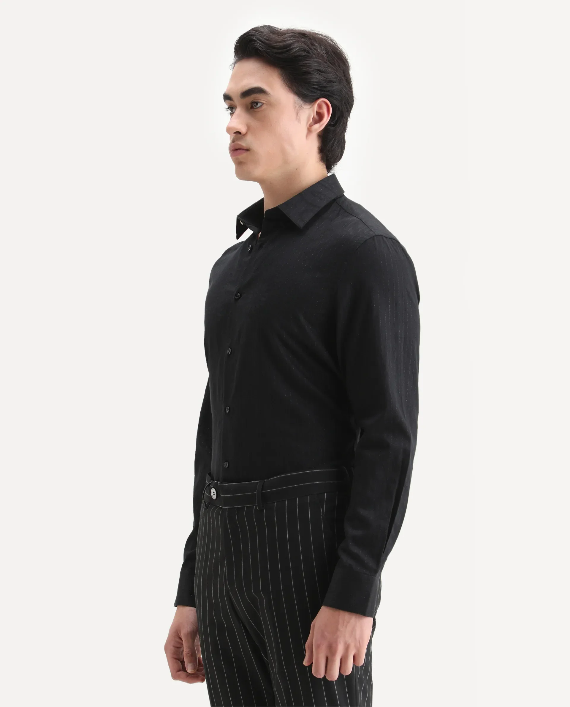 Rare Rabbit Men's Krud Black Cotton Blend Fabric Spread Collar Regular Fit Striped Shirt - Image 5