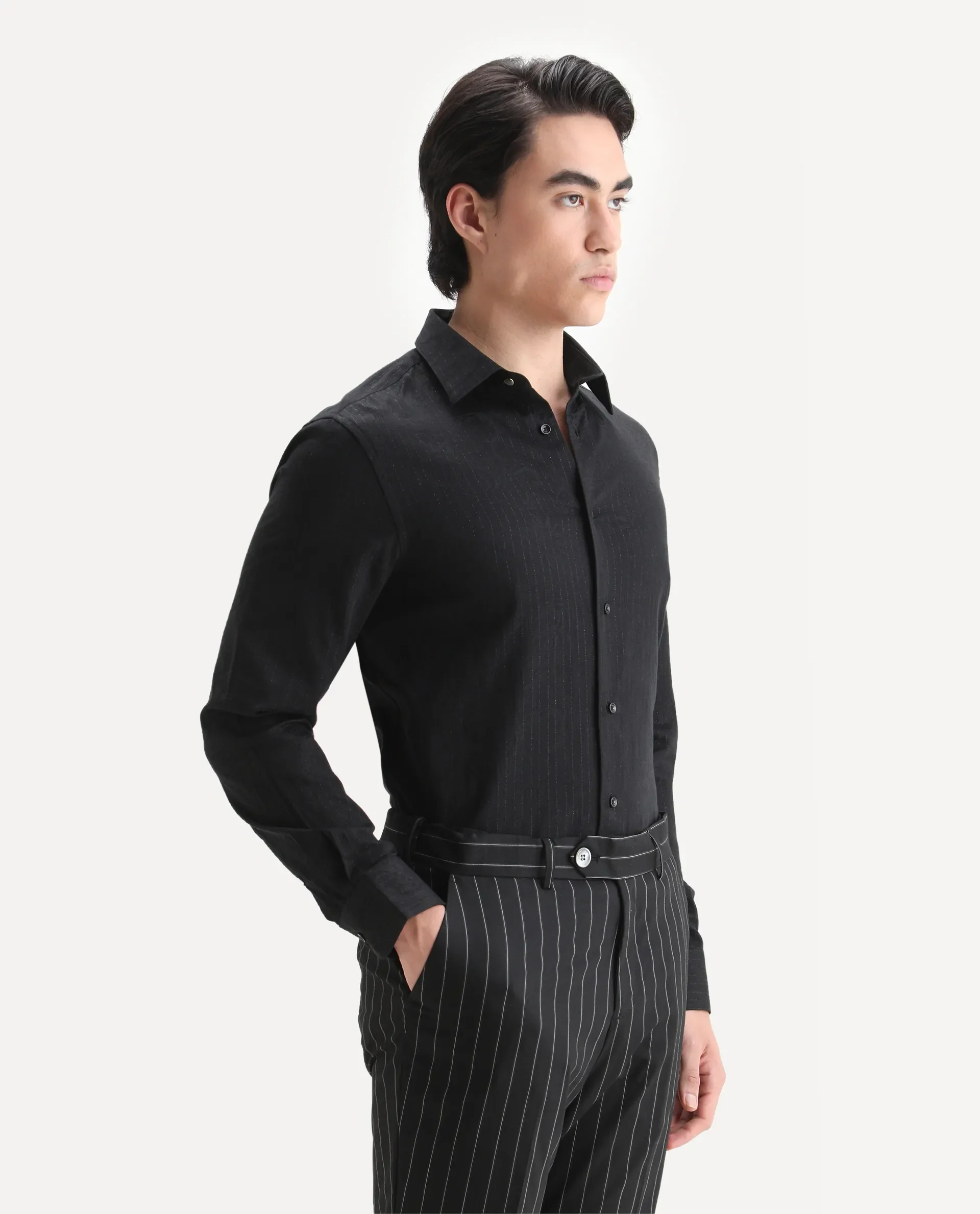 Rare Rabbit Men's Krud Black Cotton Blend Fabric Spread Collar Regular Fit Striped Shirt - Image 6