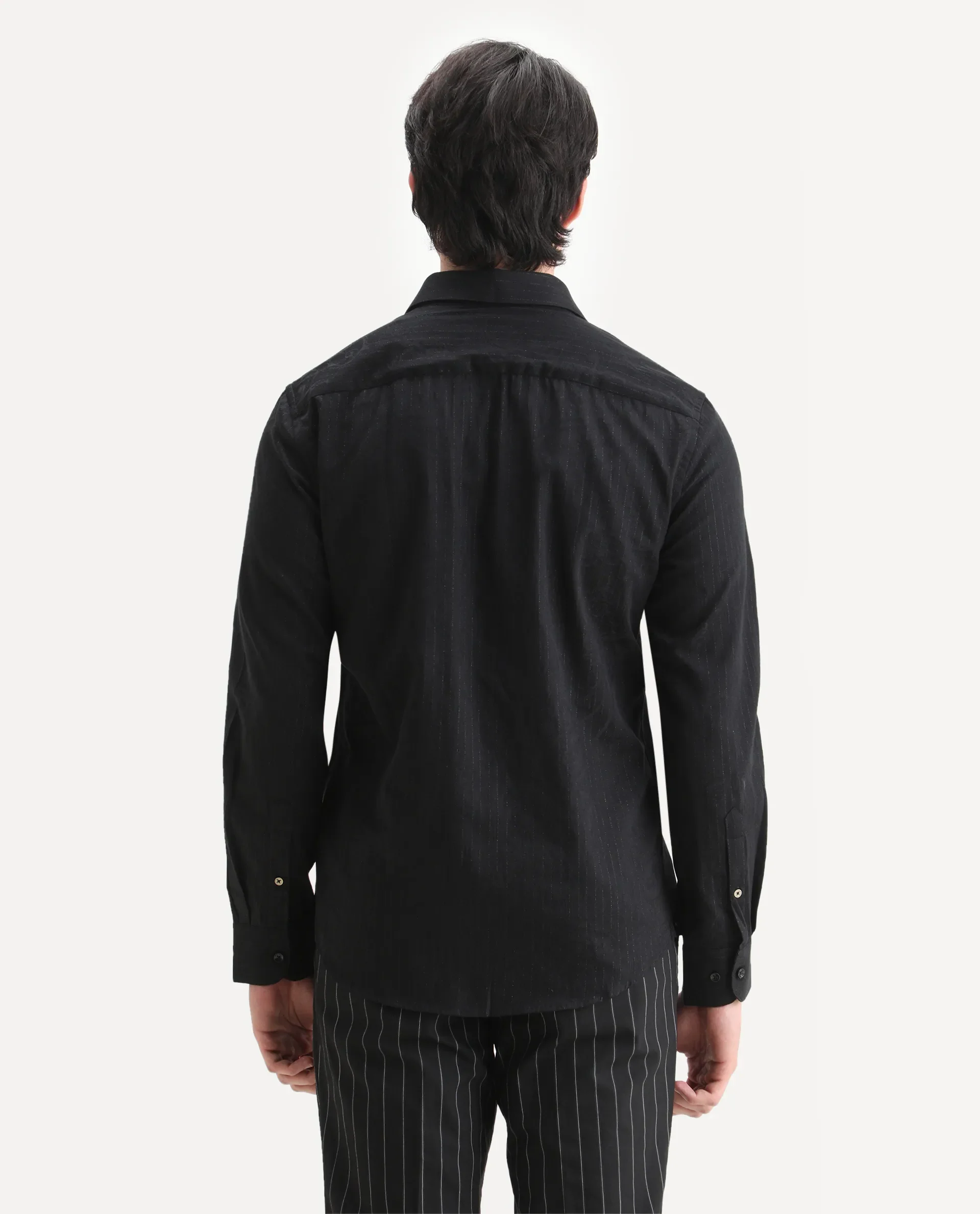 Rare Rabbit Men's Krud Black Cotton Blend Fabric Spread Collar Regular Fit Striped Shirt - Image 7