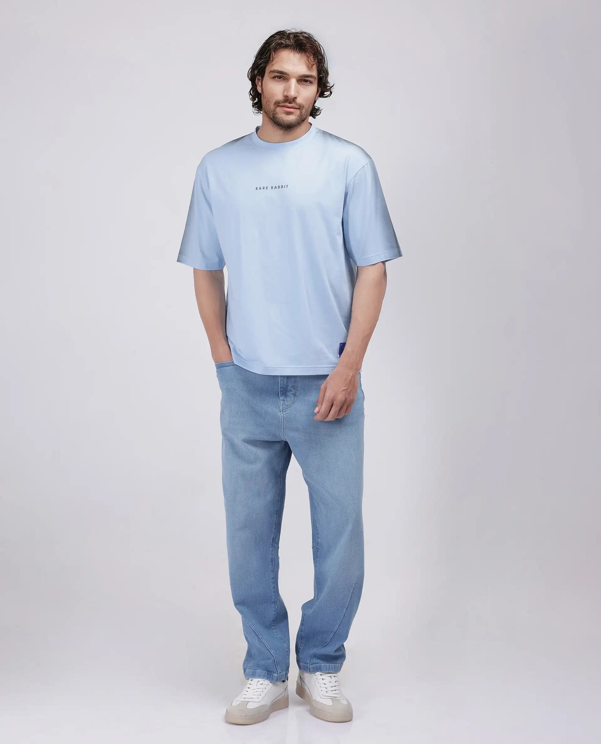 Rare Rabbit Men's Kruv Blue Cotton Printed Boxy Fit Half Sleeve Crew Neck T-Shirt - Image 2