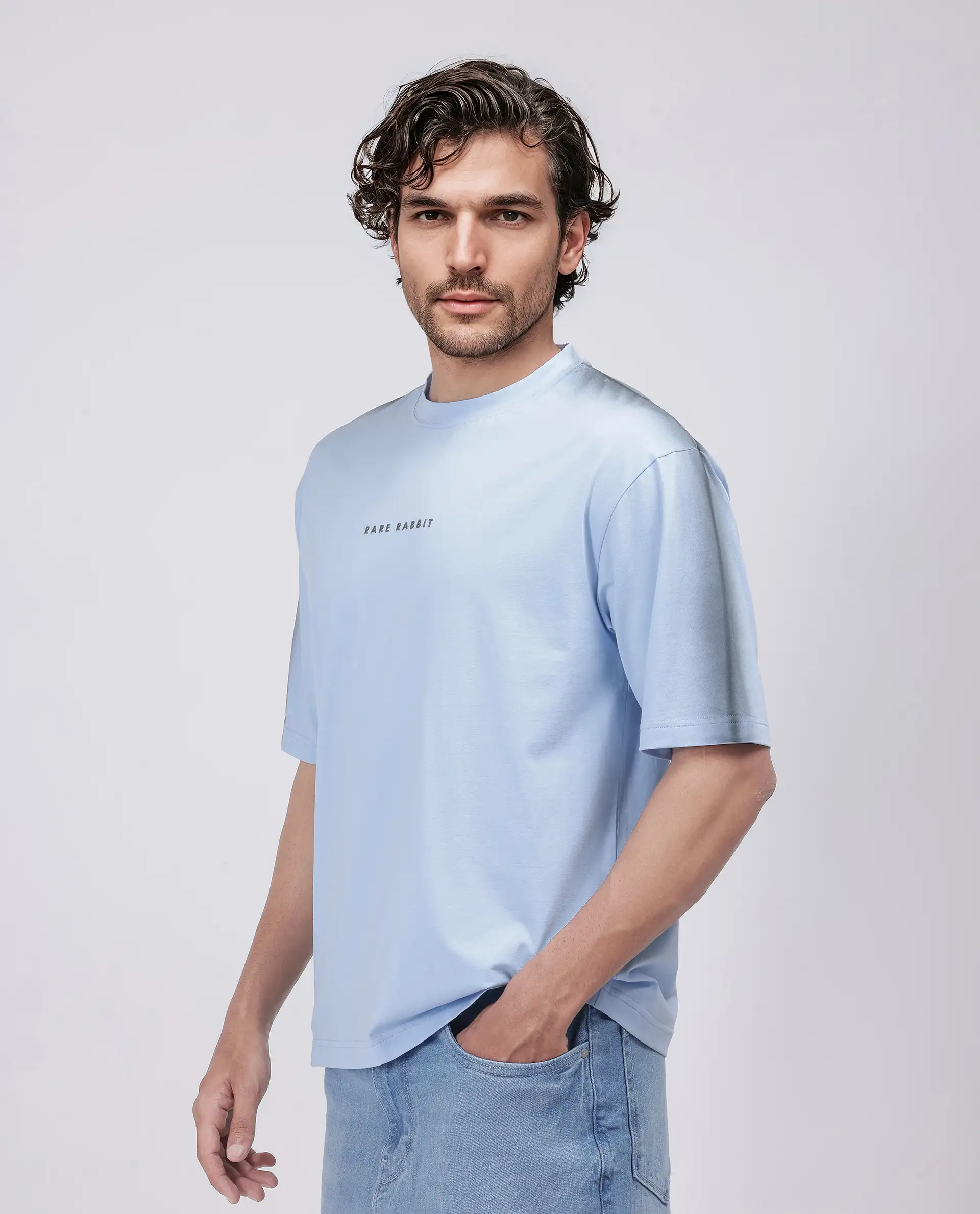 Rare Rabbit Men's Kruv Blue Cotton Printed Boxy Fit Half Sleeve Crew Neck T-Shirt - Image 4