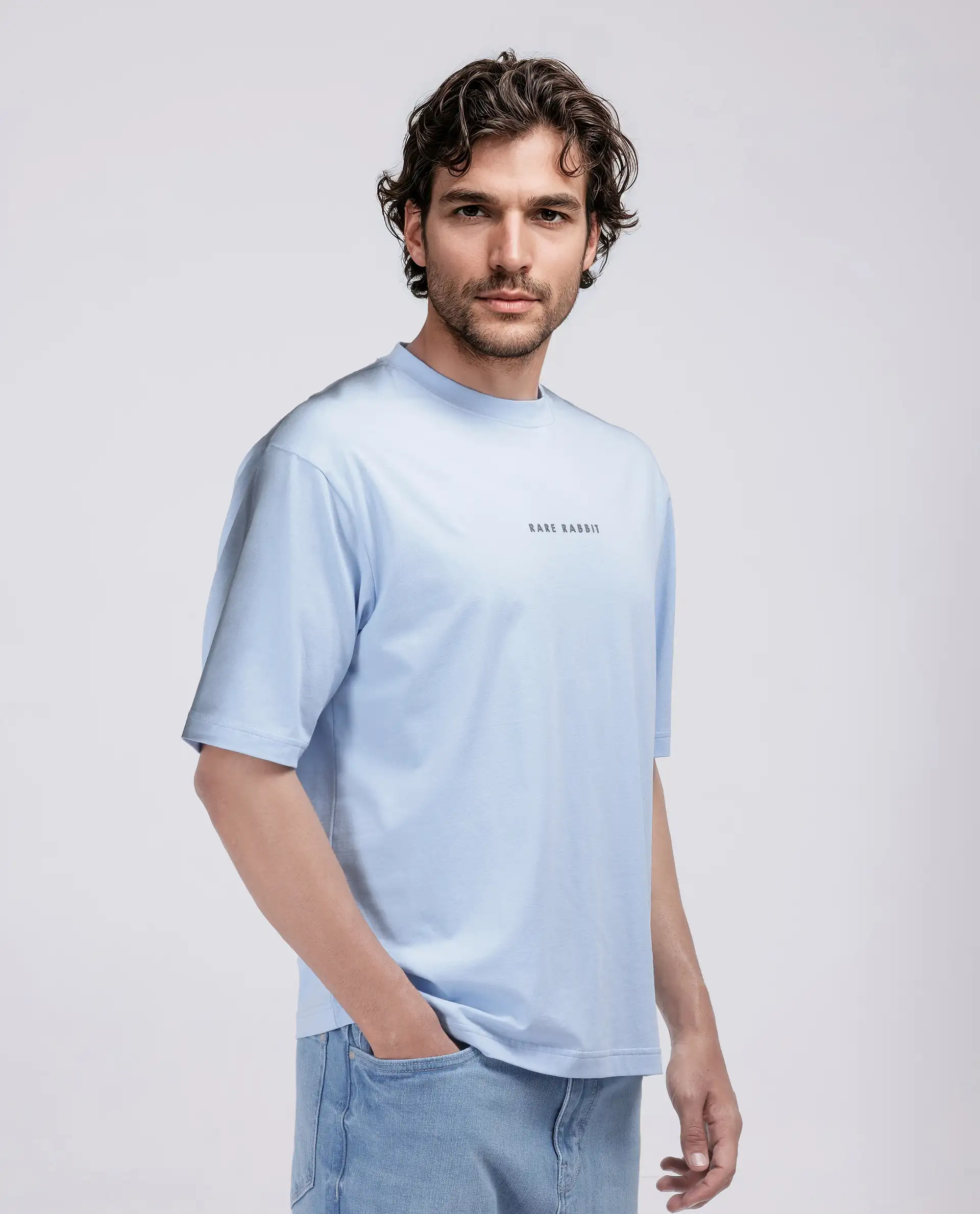 Rare Rabbit Men's Kruv Blue Cotton Printed Boxy Fit Half Sleeve Crew Neck T-Shirt - Image 5