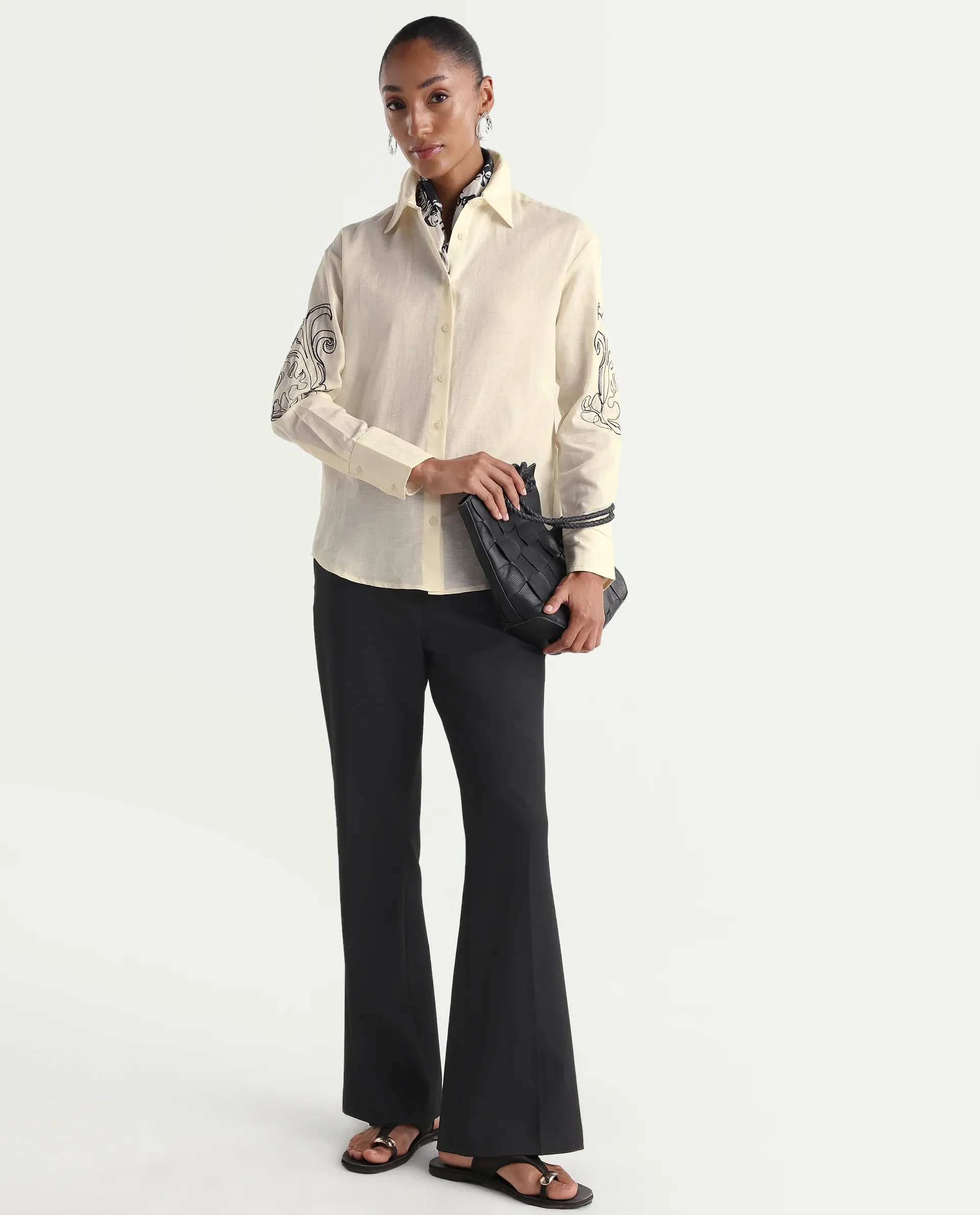 Rareism Women's Kruz Light Beige Linen Spread Collar Relaxed Embroidered Shirt - Image 2