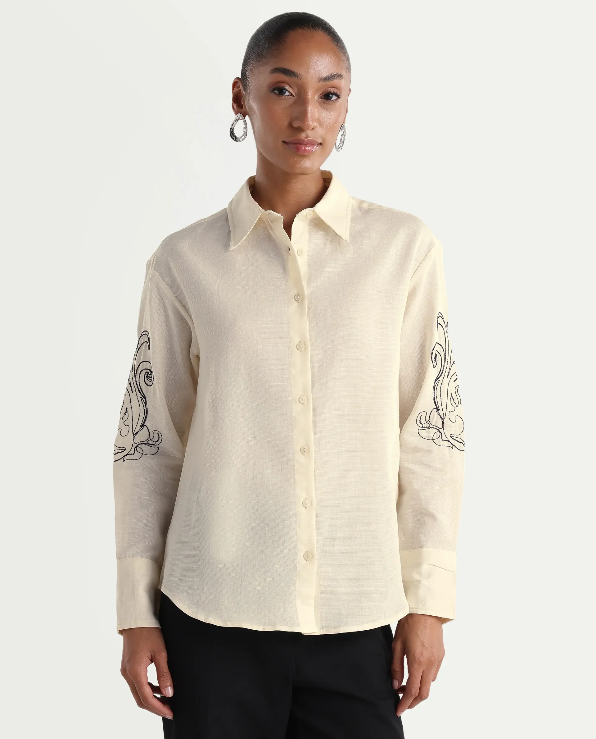Rareism Women's Kruz Light Beige Linen Spread Collar Relaxed Embroidered Shirt - Image 3