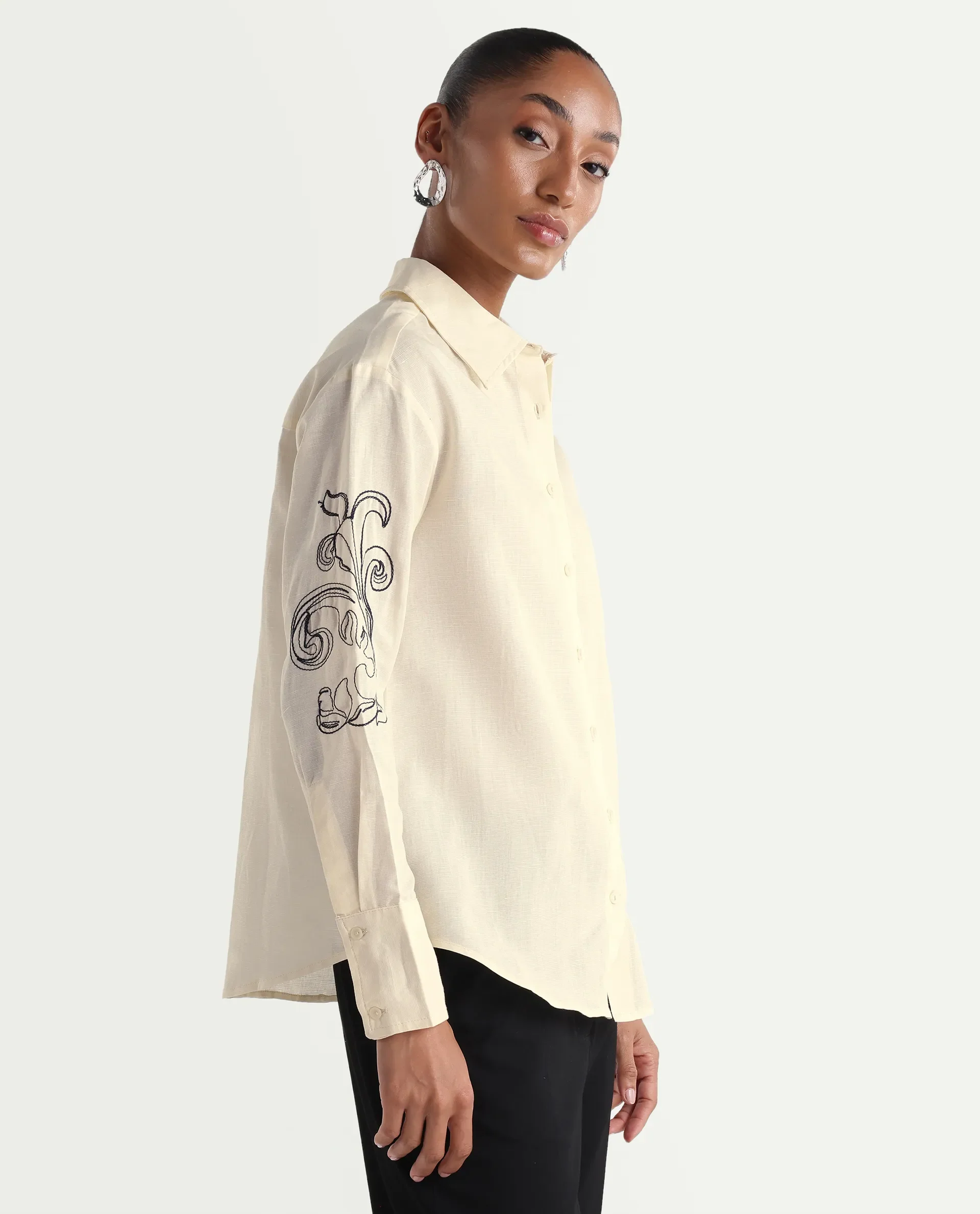 Rareism Women's Kruz Light Beige Linen Spread Collar Relaxed Embroidered Shirt - Image 6