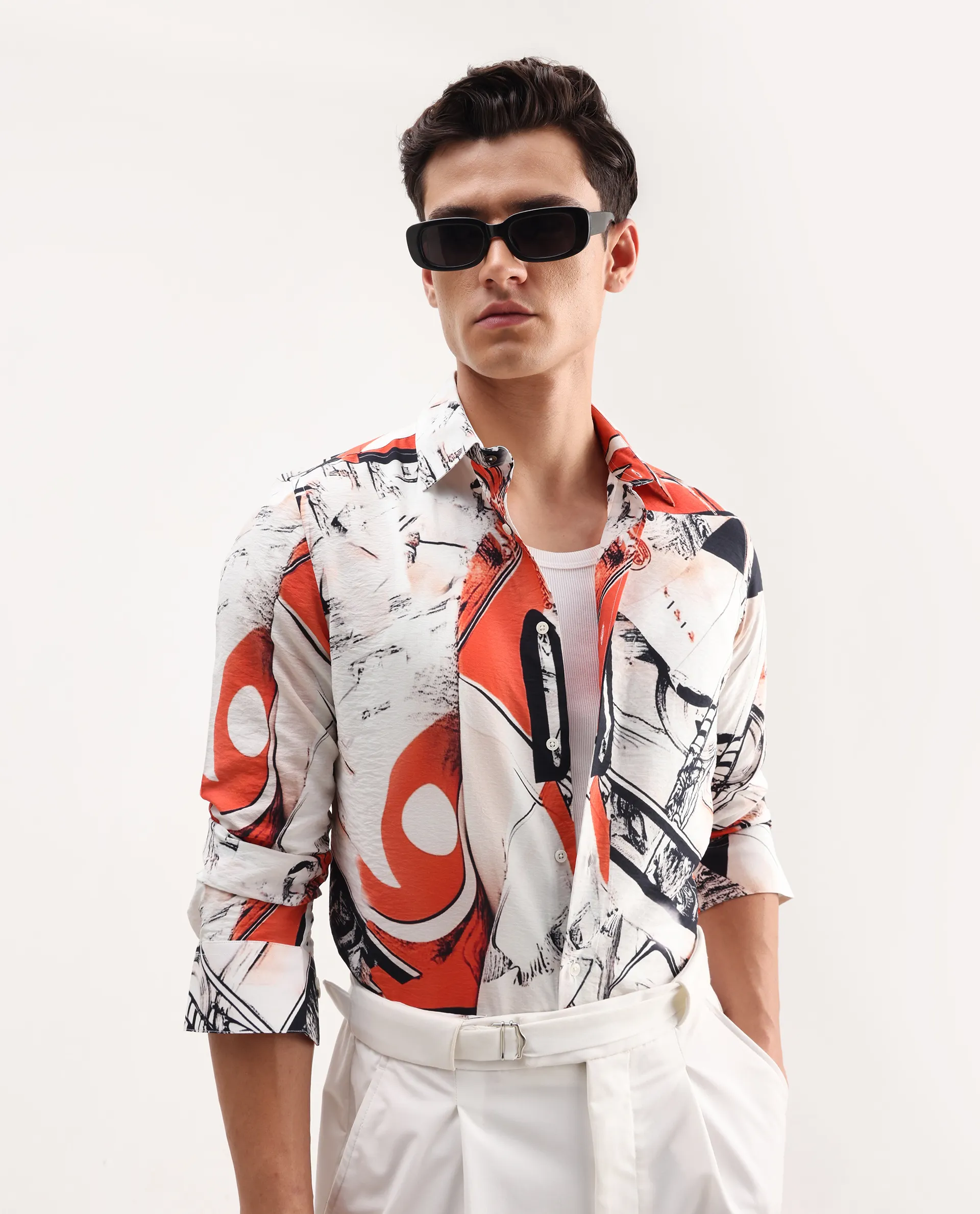 Rare Rabbit Men's Kufa White Viscose Blend Abstract Print Regular Fit Full Sleeve Collared Shirt - Image 2