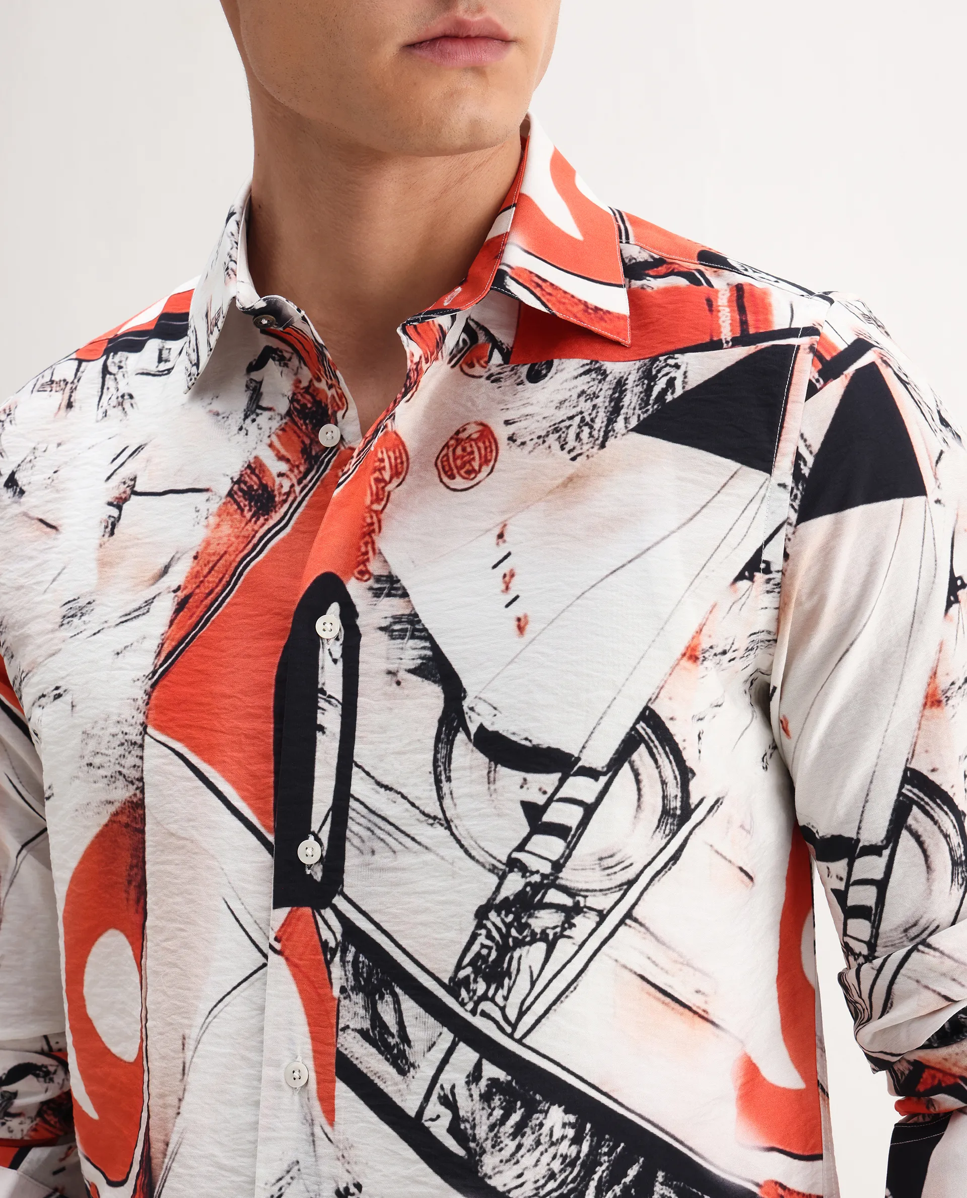 Rare Rabbit Men's Kufa White Viscose Blend Abstract Print Regular Fit Full Sleeve Collared Shirt - Image 4