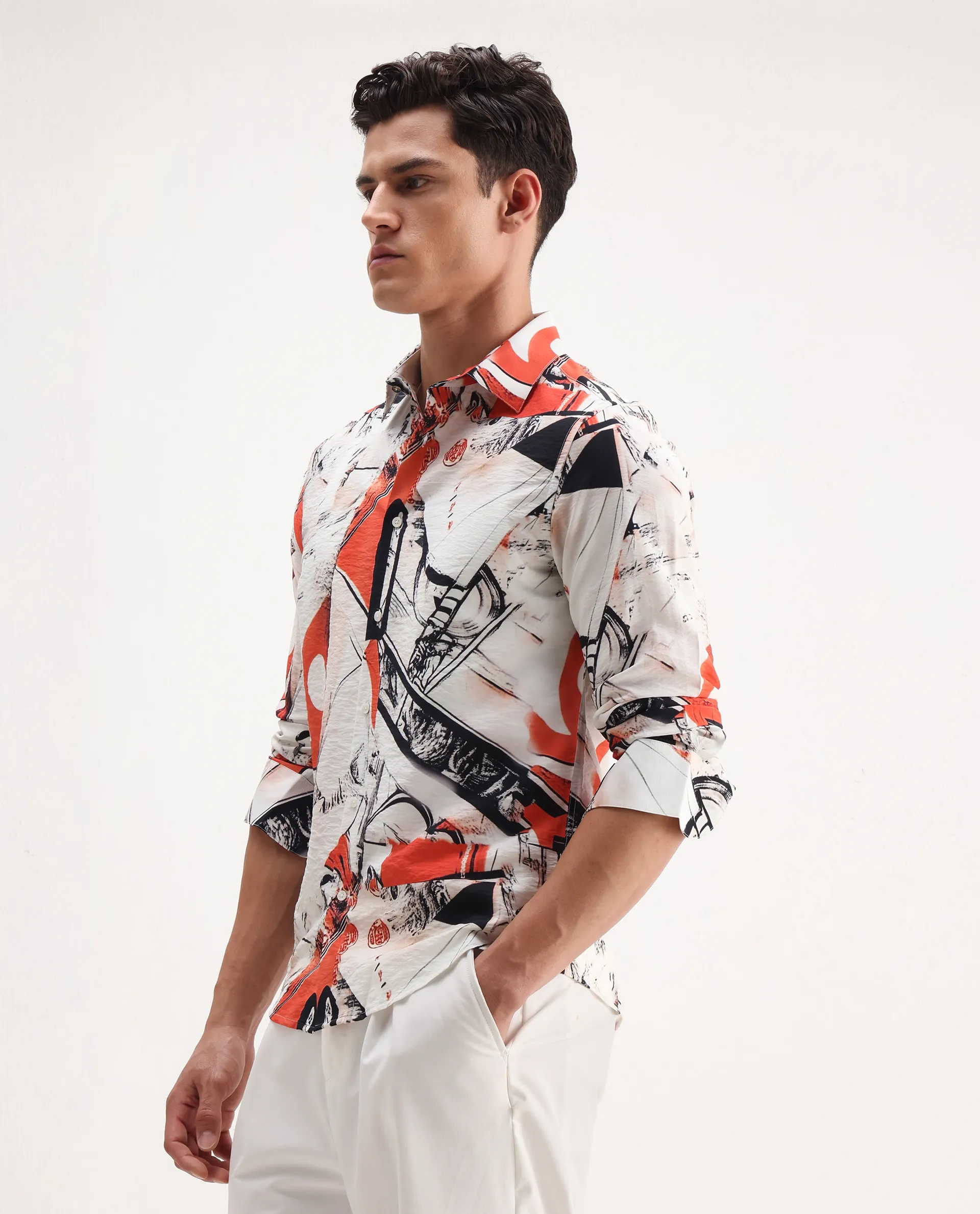 Rare Rabbit Men's Kufa White Viscose Blend Abstract Print Regular Fit Full Sleeve Collared Shirt - Image 5