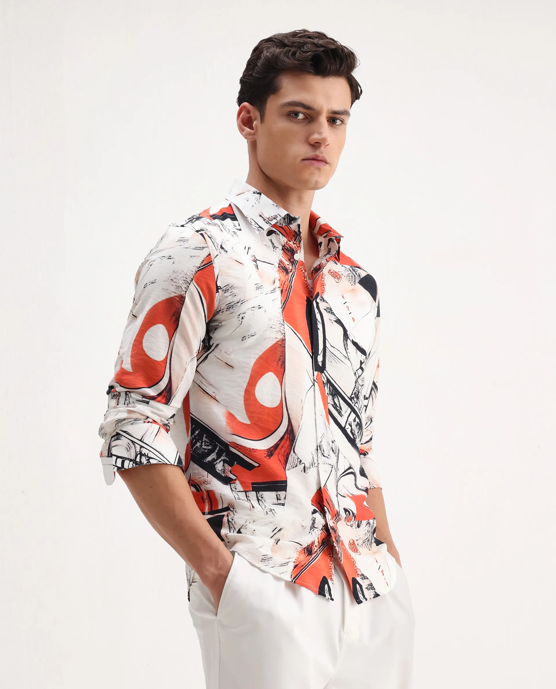 Rare Rabbit Men's Kufa White Viscose Blend Abstract Print Regular Fit Full Sleeve Collared Shirt - Image 6
