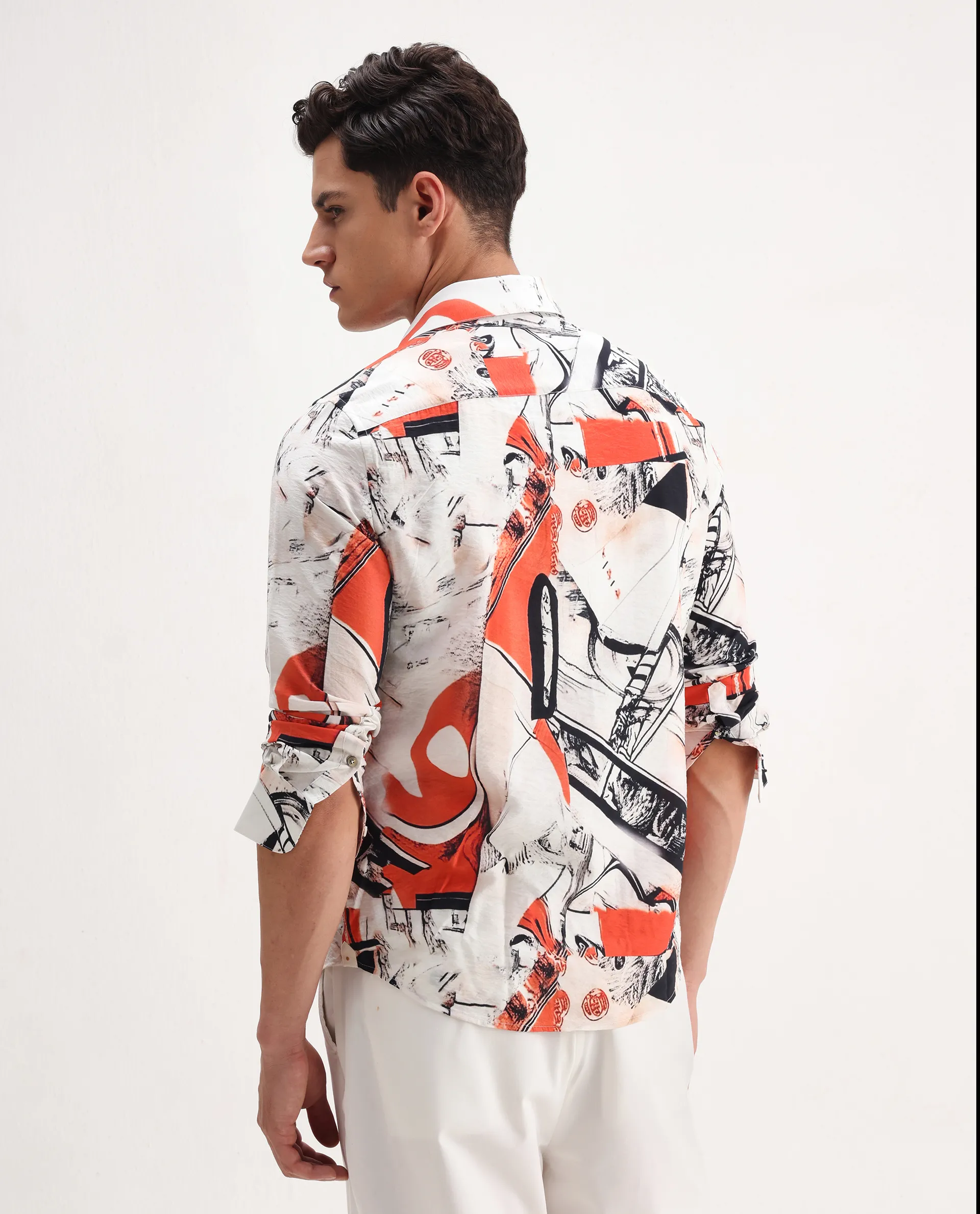 Rare Rabbit Men's Kufa White Viscose Blend Abstract Print Regular Fit Full Sleeve Collared Shirt - Image 7
