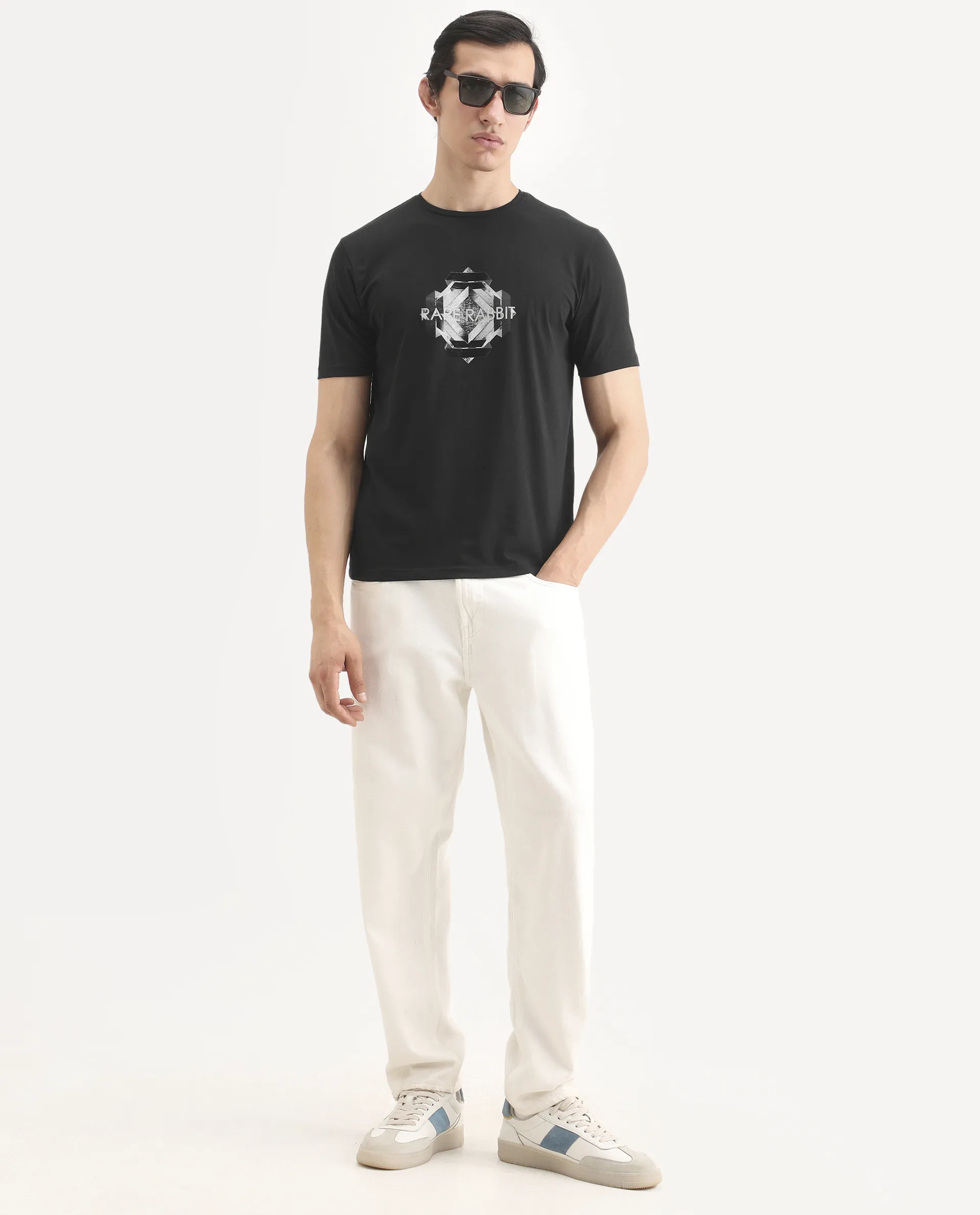 Rare Rabbit Men's Kuho Black Cotton Blend Fabric Half Sleeve Crew Neck Regular Fit Graphic Print T-Shirt - Image 2