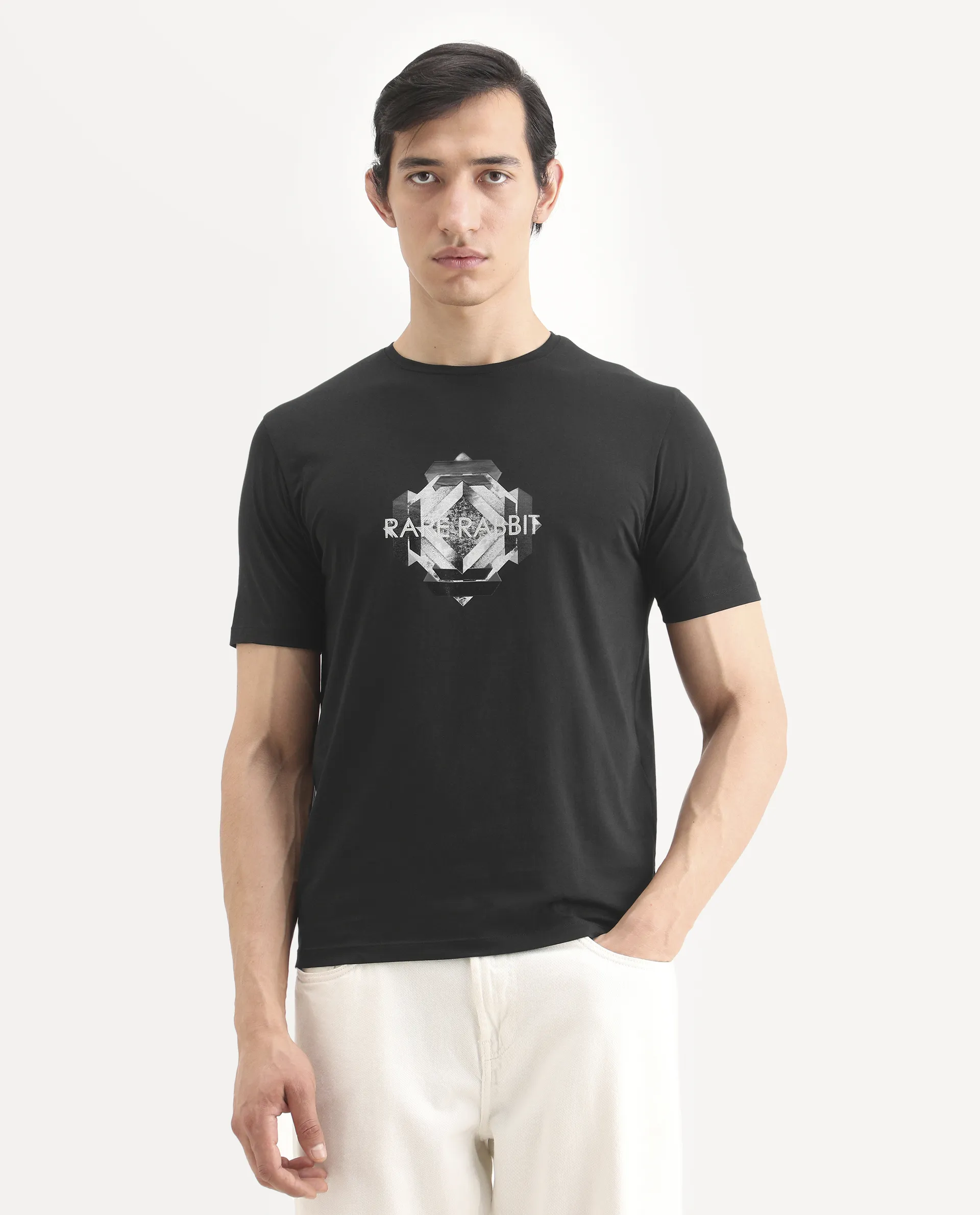 Rare Rabbit Men's Kuho Black Cotton Blend Fabric Half Sleeve Crew Neck Regular Fit Graphic Print T-Shirt - Image 4