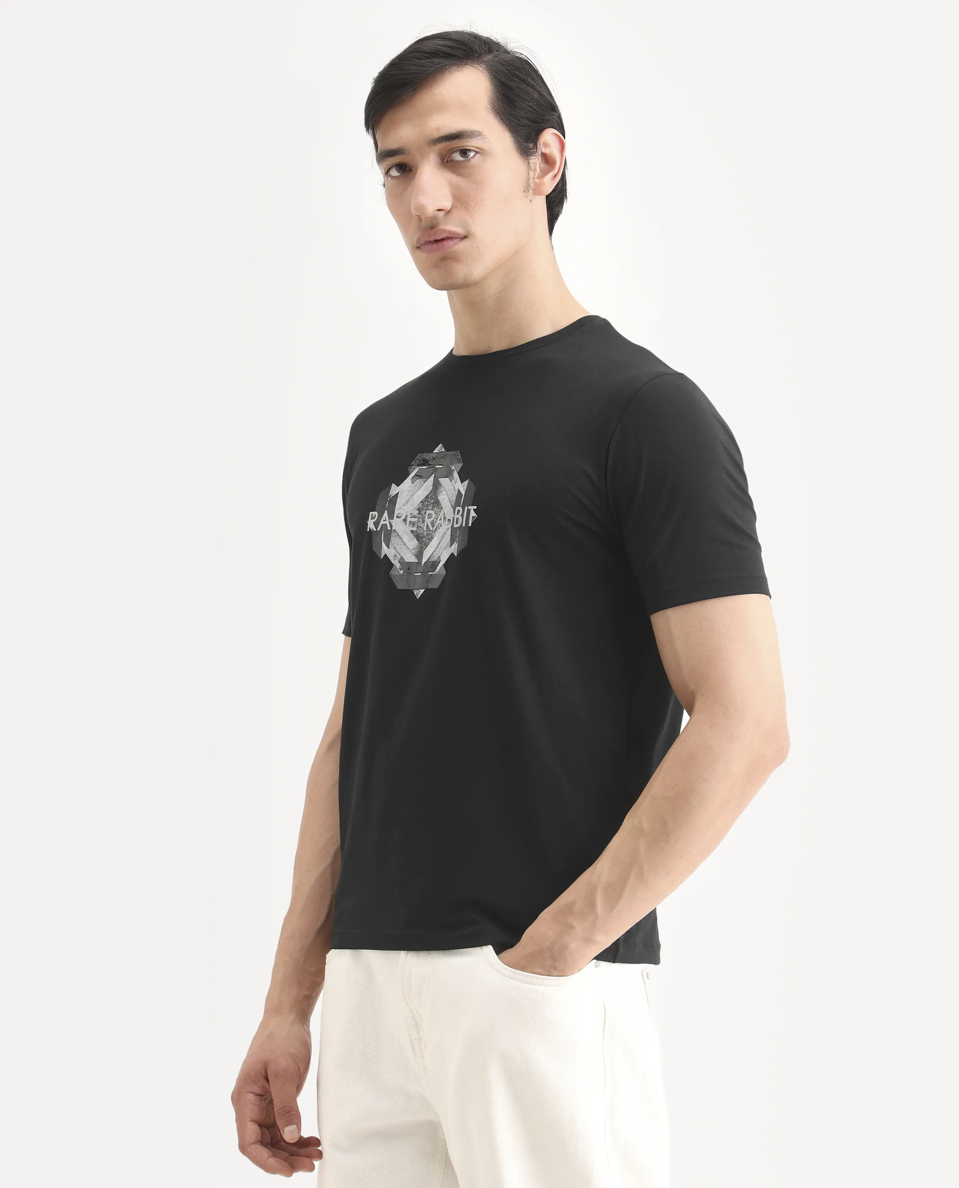 Rare Rabbit Men's Kuho Black Cotton Blend Fabric Half Sleeve Crew Neck Regular Fit Graphic Print T-Shirt - Image 5