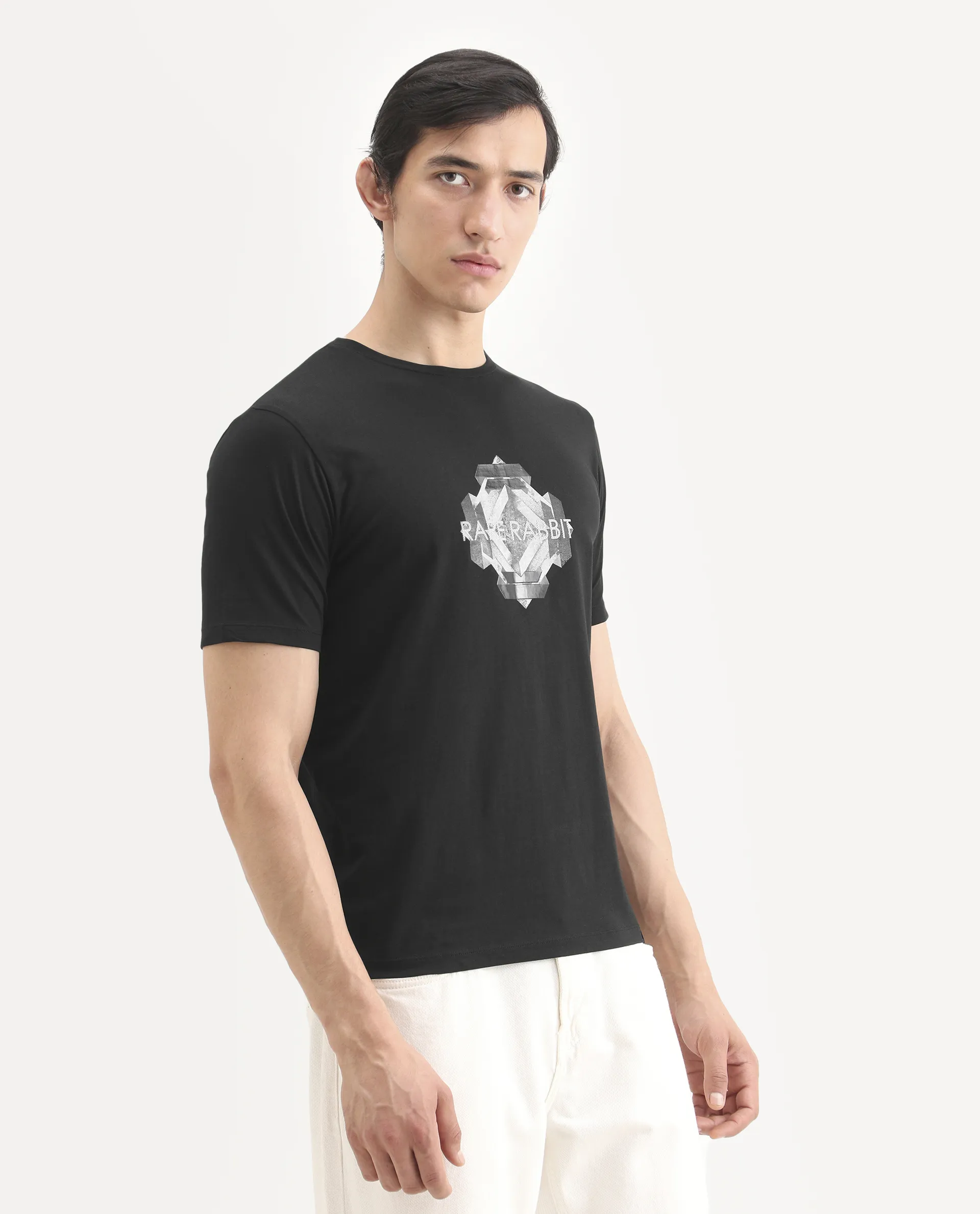 Rare Rabbit Men's Kuho Black Cotton Blend Fabric Half Sleeve Crew Neck Regular Fit Graphic Print T-Shirt - Image 6