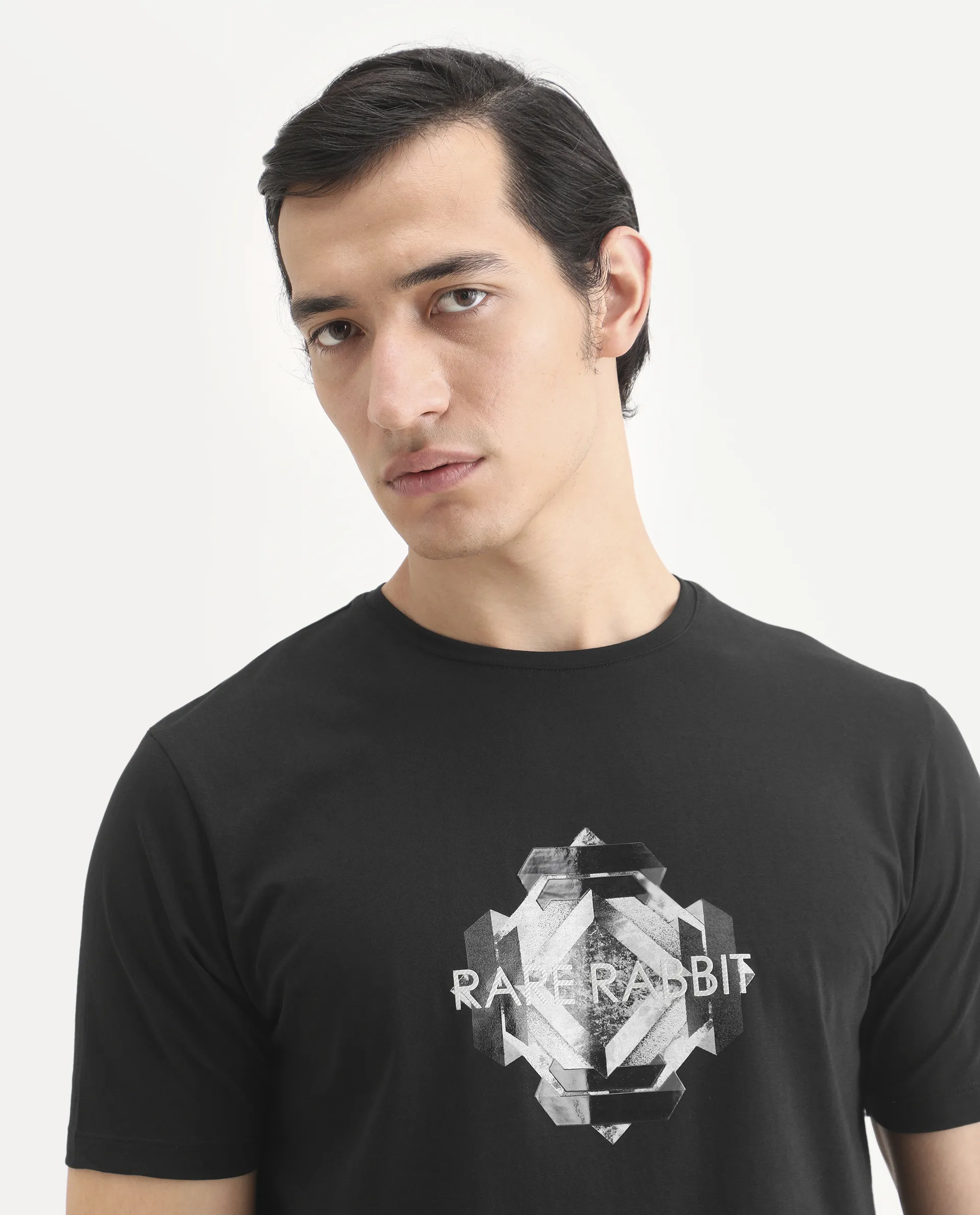 Rare Rabbit Men's Kuho Black Cotton Blend Fabric Half Sleeve Crew Neck Regular Fit Graphic Print T-Shirt - Image 7