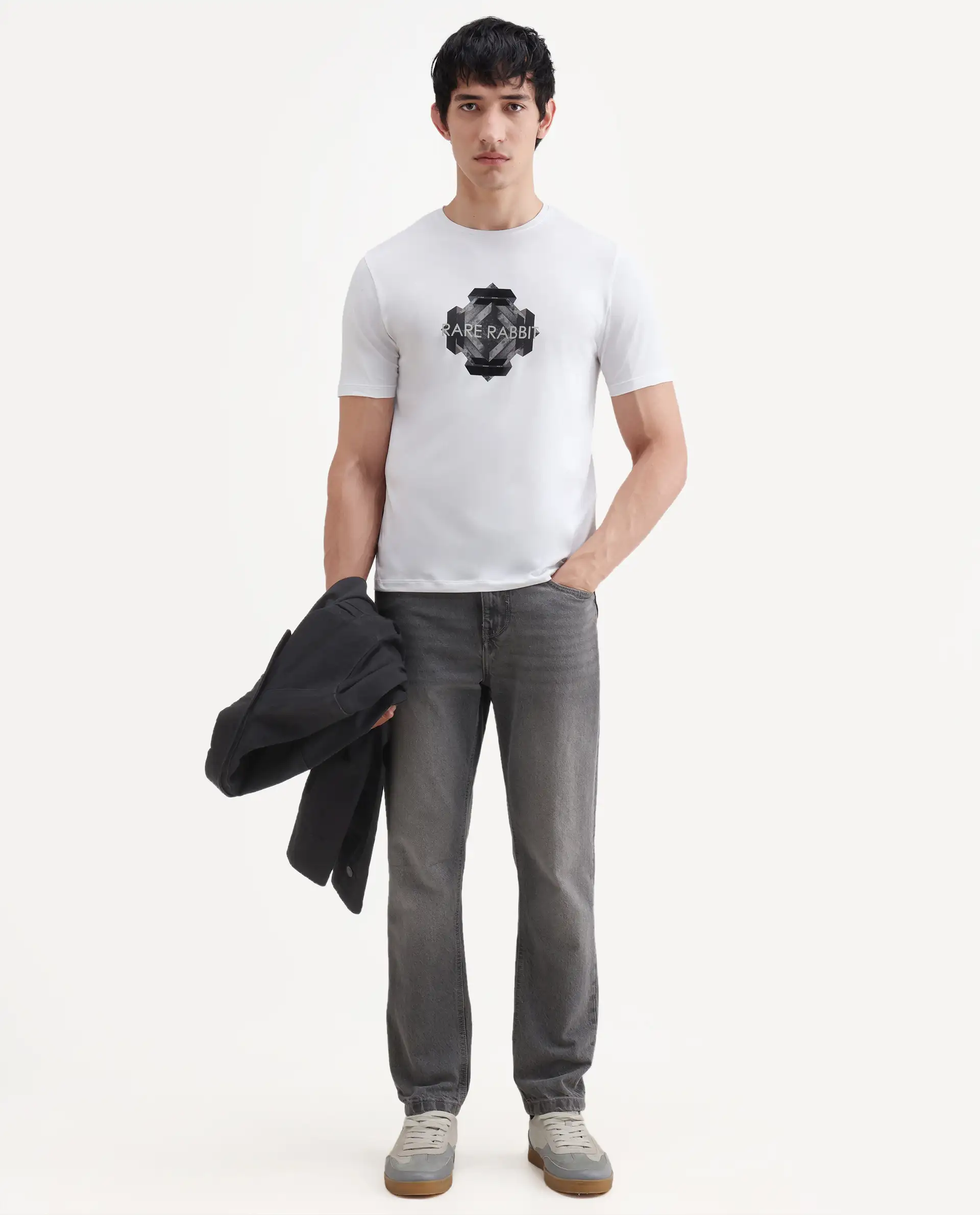 Rare Rabbit Men's Kuho White Cotton Blend Fabric Half Sleeve Crew Neck Regular Fit Graphic Print T-Shirt - Image 2